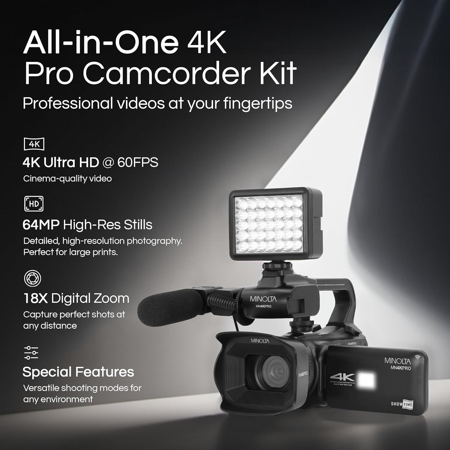 Minolta MN4KPRO-KIT 4K Camcorder with attached LED light and microphone