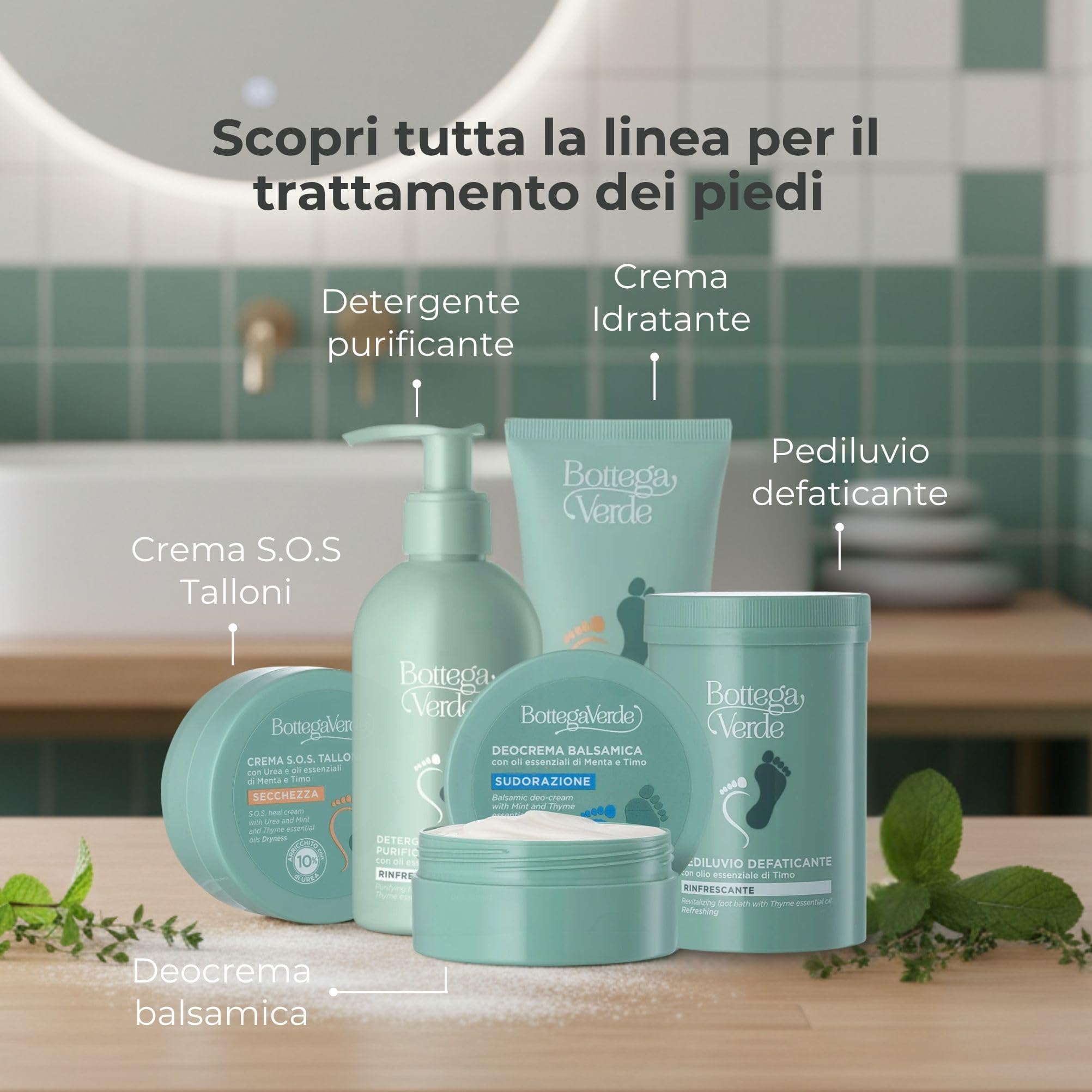 Bottega Verde - Pediluvio Defaticante, 250 g, con Olio Essenziale di Timo, Sali Rinfrescanti, Rilassanti e Rigeneranti per Piedi e Gambe