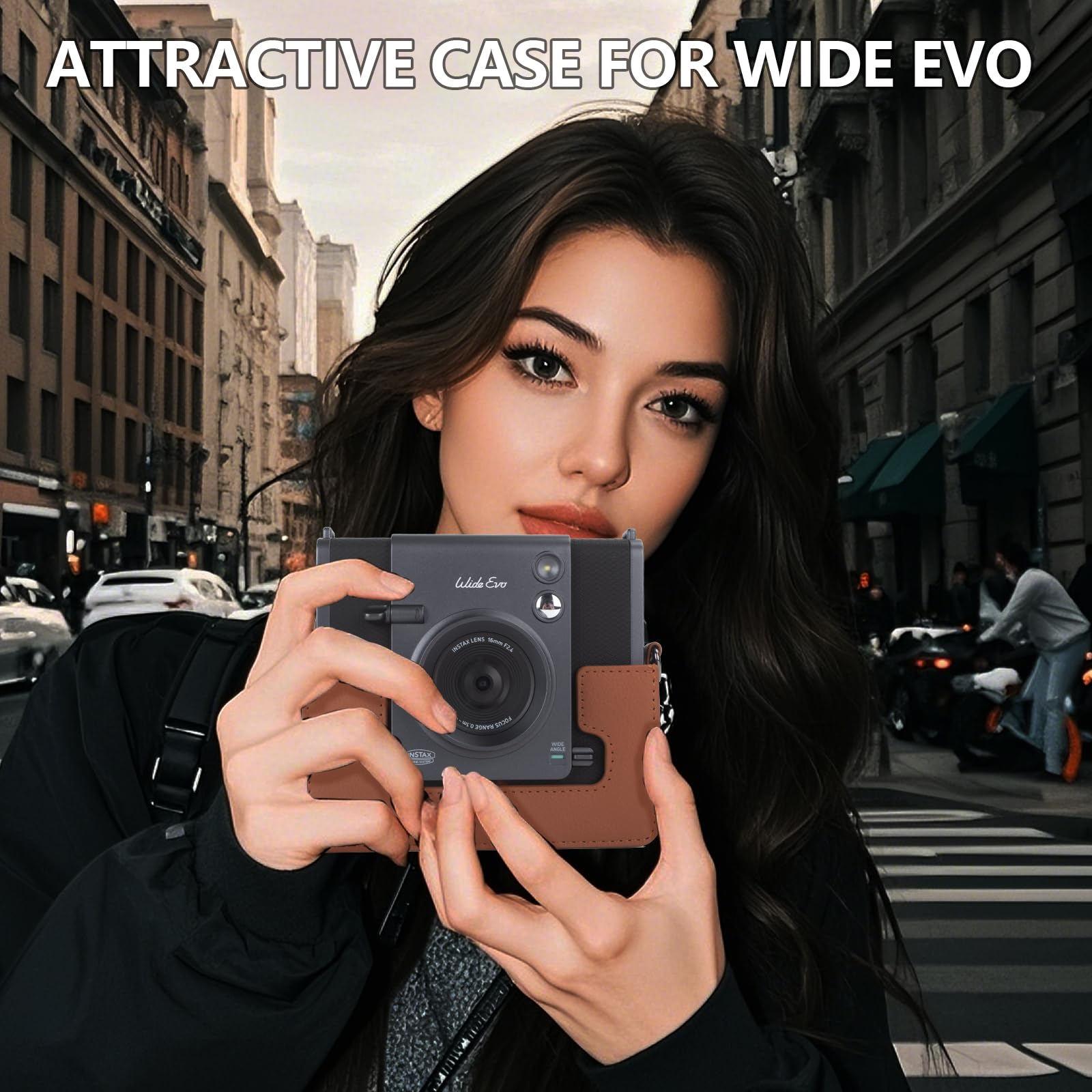 HIQYIN Étui Instax Wide Evo, Coque de Protection Compatible avec l'appareil Photo instantané Hybride Fujifilm Instax Wide Evo, étui de Transport en Cuir PU avec bandoulière réglable - Marron