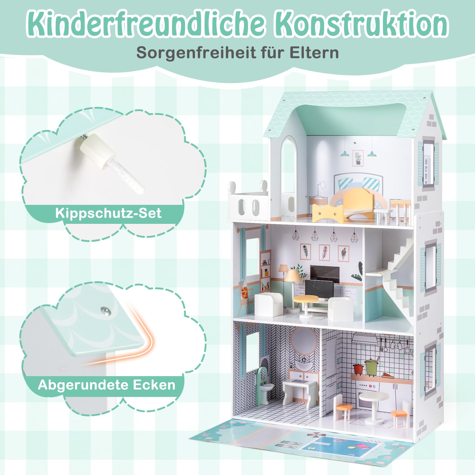 COSTWAY Puppenhaus Holz, Kinder Dollhouse mit 17 Möbelstücken, große Puppenvilla 120,5 cm Hoch mit 3 Etagen, Traumvilla für Mädchen & Jungen ab 2 Jahren, 73 x 34 x 120,5 cm (Grün)