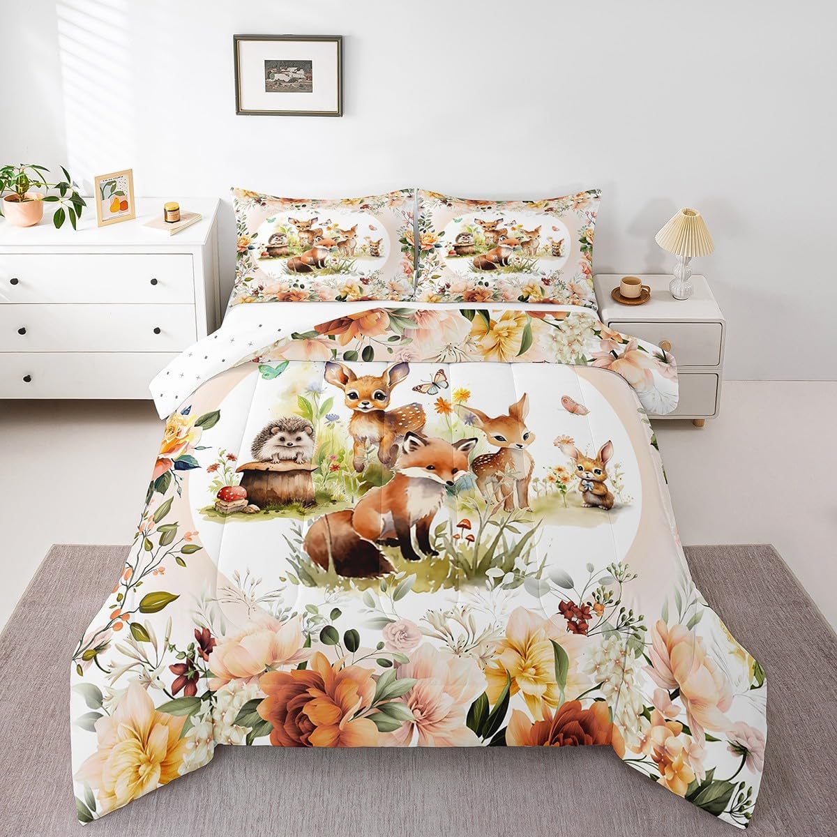 Feelyou Kids Cute Deer Fox Rabbit Comforter Set Twin Size Boys Girls Cartoon Animal Comforter Flower Floral Print Bedding Set Farm Zoo Wildlife Style Decor Quilt Set