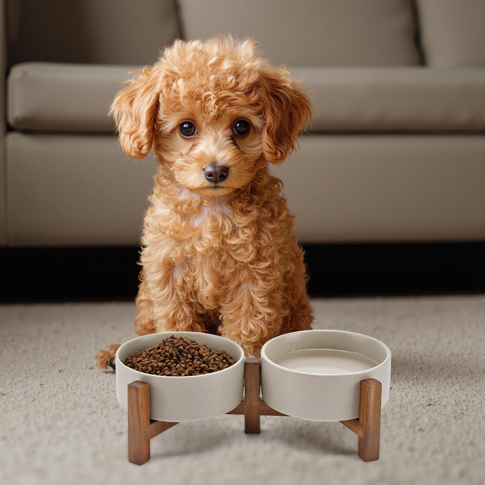 SPUNKYJUNKY Hundenapf Keramik Doppel Hund Futternapf Erhöhte Napf mit Akazienholz Ständer für Katzen und Hunde(400ml, Grau)