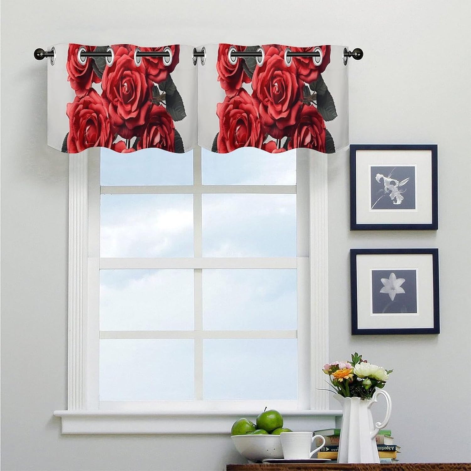 Red Rose Flower Cluster Valance for Windows, 2 Pack Kitchen Curtains Modern Home Decor, Soft Blackout Window Curtains for Living Room & Bedroom, 18 X 52 Inch