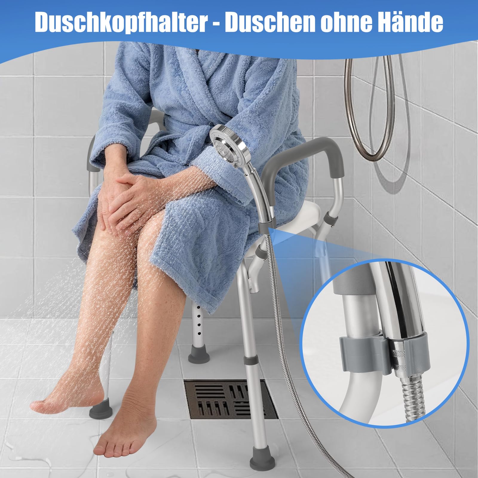 Duschhocker mit Armlehnen&EVA-Sitz,Duschstuhl höhenverstellbar als Badestuhl für Senioren,53cm Shower Chair extrabreit,Badhocker bis 150 kg belastbar,Duschhilfe werkzeugfreie Montage,Shower Stool