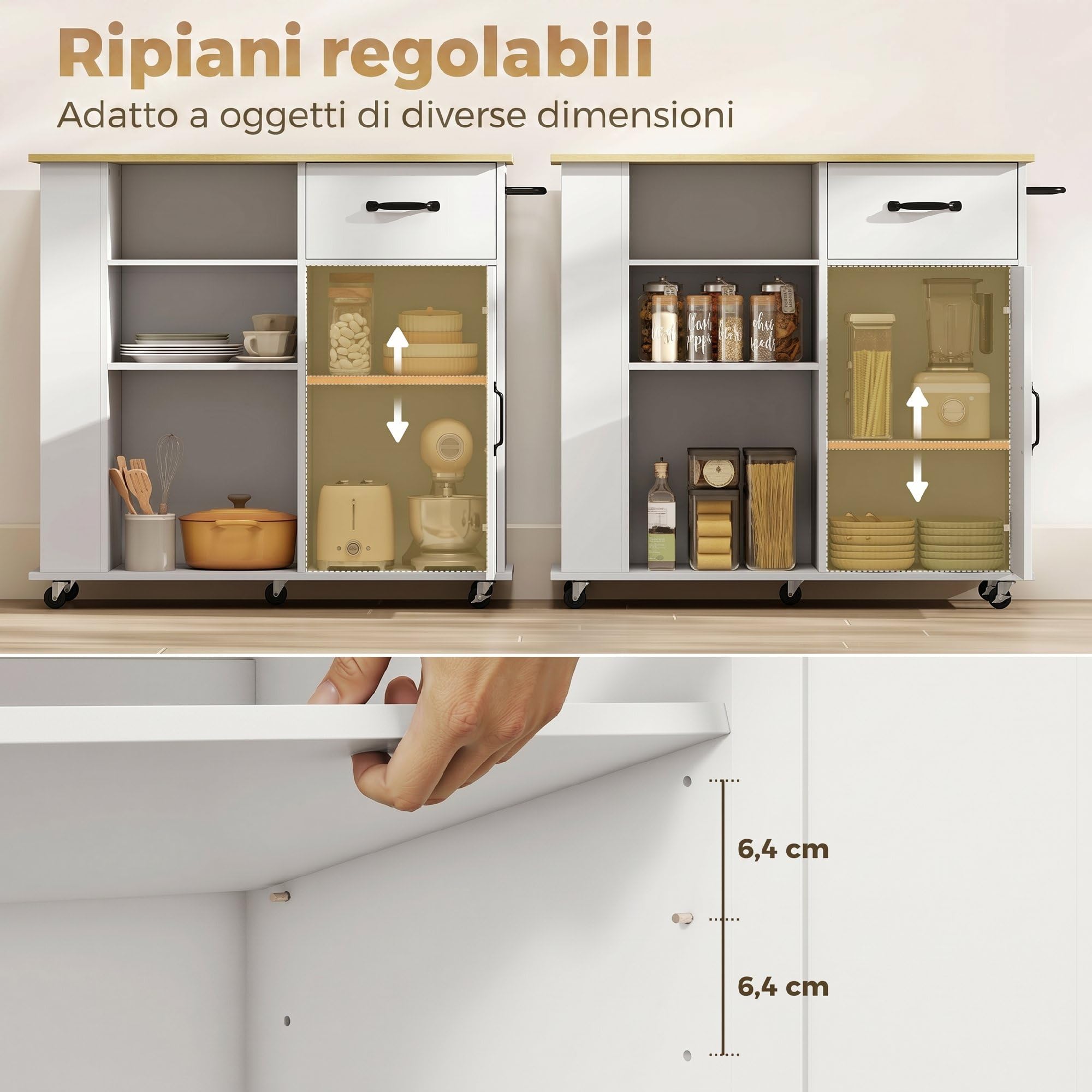 HOMCOM Carrello Cucina con 5 Ruote, Isola Cucina con Ante Soft-Close, Cassetto, Portasciugamani, 3 Portaspezie, 3 Scaffali Aperti e Ripiano Regolabile, Multiuso Salvaspazio, 96.5x38x87 cm, Bianco