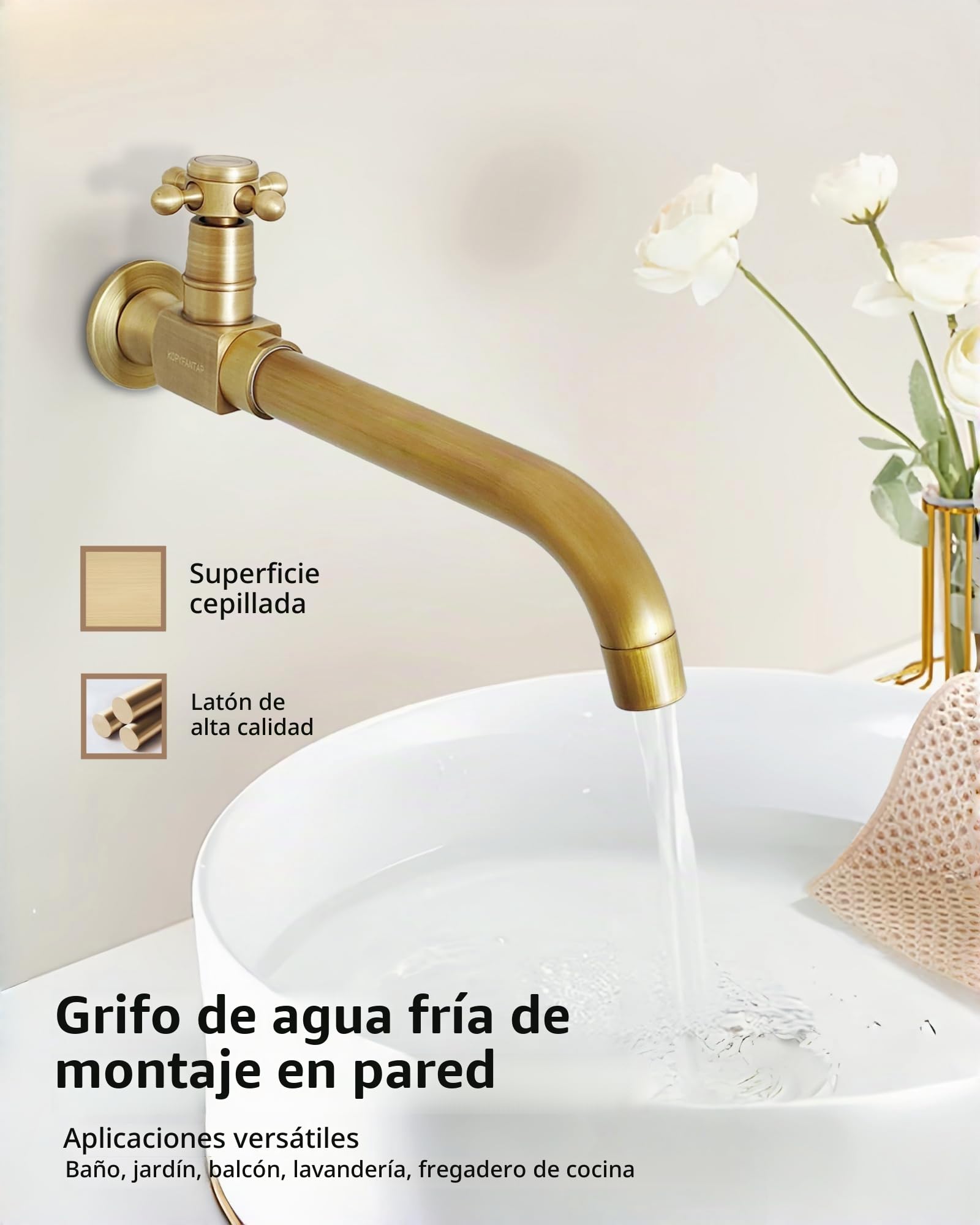 Grifo Pared de Agua Fría Latón Antiguo Giratorio 360°, 24cm | Grifo mural lavabo largo latón cepillado para baño balcón jardín terraza casa hotel, conexión 1/2 pulgadas