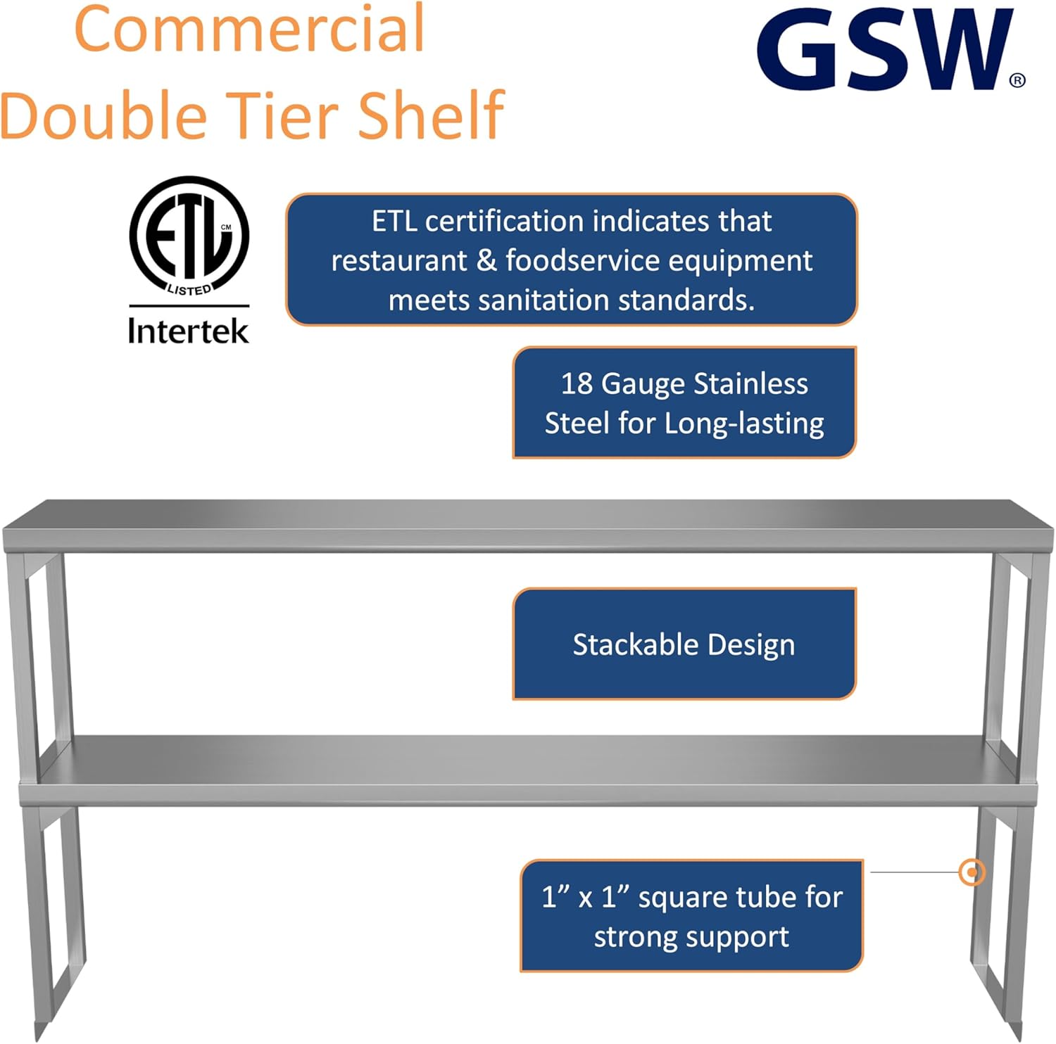 GSW DS-1248 Commercial Stainless Steel Standard Double Tier Over-Shelves for Prep & Work Table, Cold Table, Restaurant Kitchen, 12" x 48" x 30"
