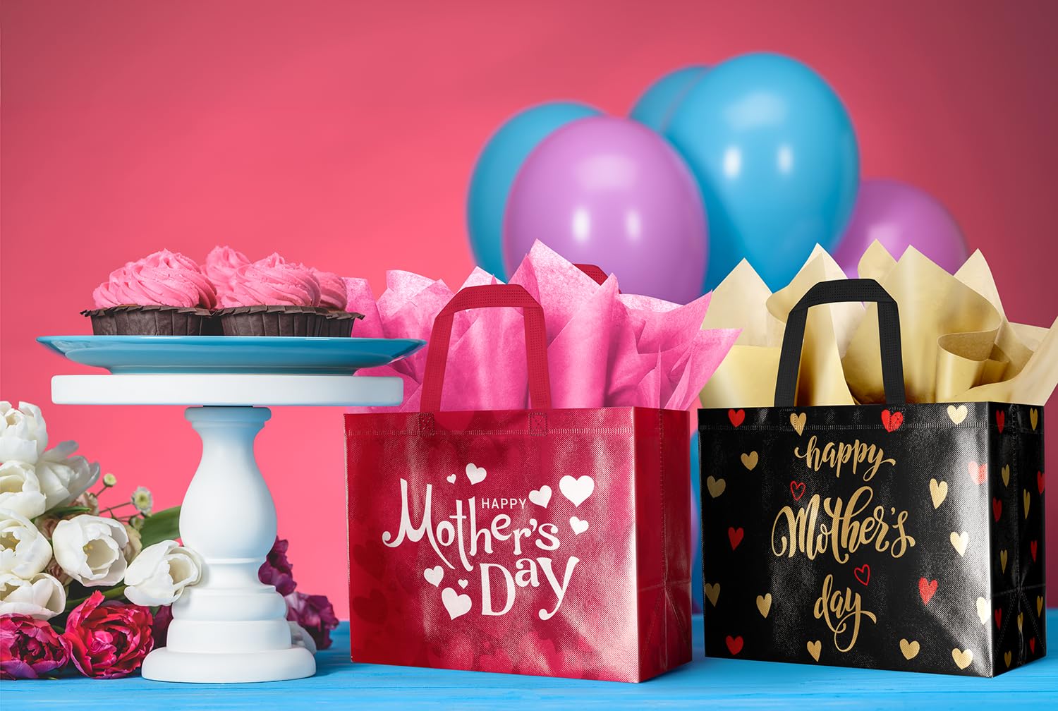 ysmile 2 Pack Mother’s Day Gift Bags with Tissue Paper & Cards – Reusable Non-Woven Gift Totes for Mom, Grandma, Grandmother (12.6", Pink & Black Gold)