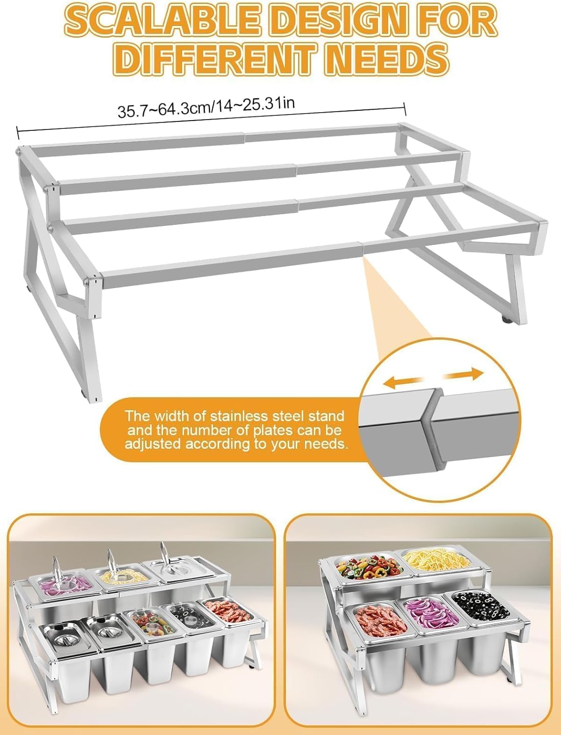 Kalolary 8 Pans Pizza Topping Storage Station, 2 Row Adjustable Stainless Steel Condiment Containers with Lids Spoons Ice Food Serving Display Container Salad Bar Buffet Station for Home Kitchen