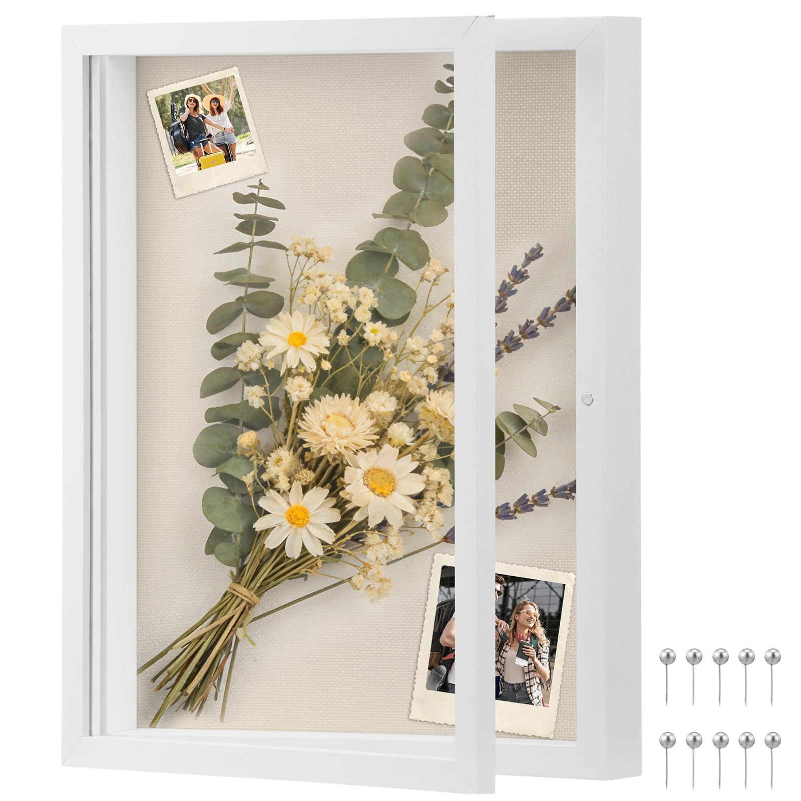 Shadow Box Frame 11x14 Inch Wooden Deep Picture Frames Magnetic 3D Keepsake Frame Shadow Box with Soft Linen Back and 10 Push Pins for Objects Bouquets Photos Artworks Flowers Memory Crafts(White)