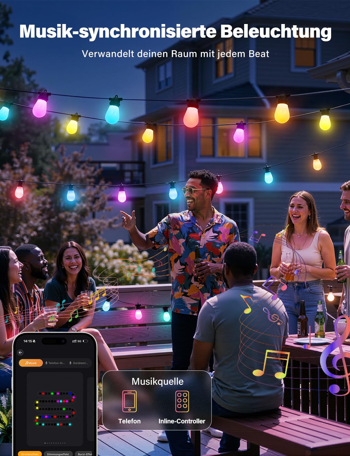 Ollny Lichterkette Außen 15M, RGBW S14 LED Lichterketten Outdoor Strom Dimmbar, 90+ Szenenmodi, App-Steuerung, Funktioniert mit Alexa, Google Assistant,IP65 Gartenbeleuchtung für Garten Party Terrasse