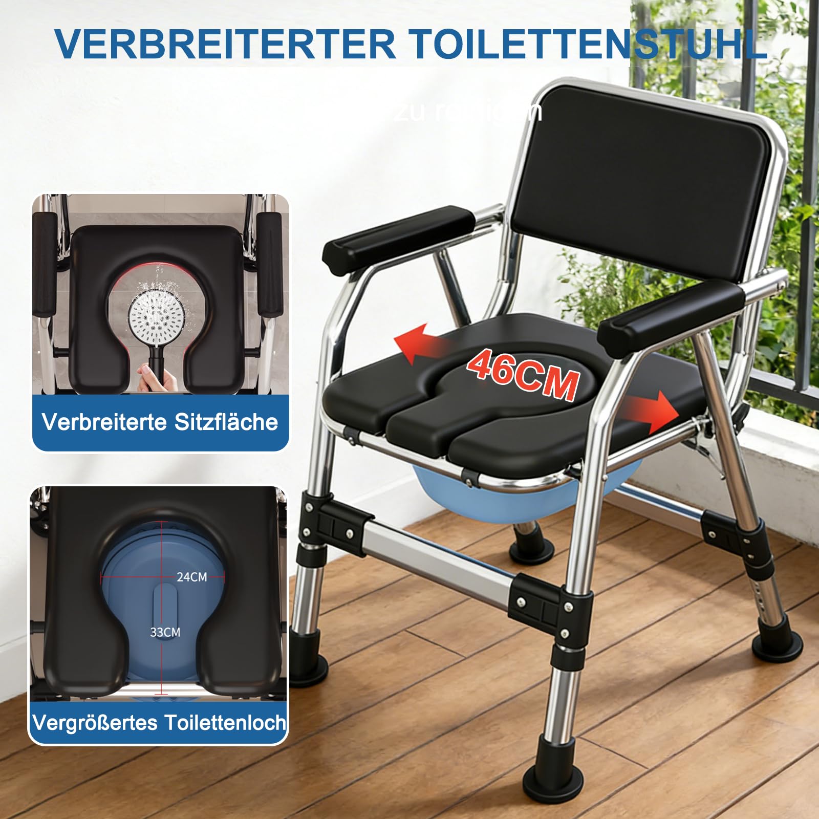 Klappbarer Toilettenstuhl, Höhenverstellbarer Nachtstuhl mit Gepolstertem Sitz, Tragbarer Toilettenstuhl mit Herausnehmbarem Eimer und Deckel für Schlafzimmer und Zuhause, Schwarz