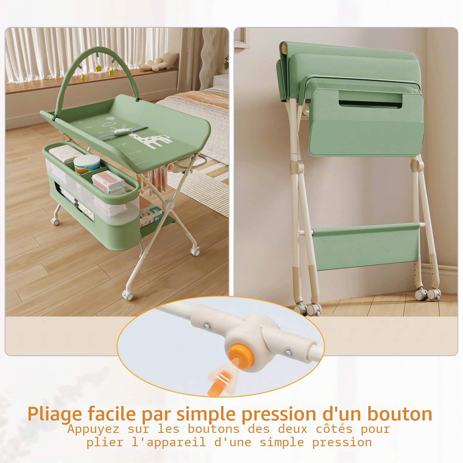 Table a Langer Pliante avec Panier de Rangement,Structure en Fer Charge Max 15KG,Réglable en Hauteur,Table à Langer Mobile pour Nouveaux-Nés,80 * 73 * 94 cm (Vert,)