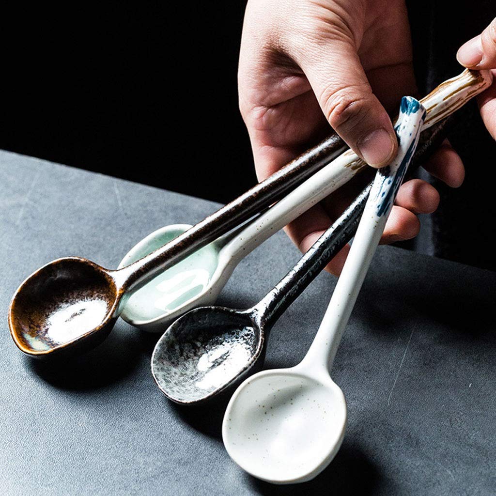 Cuillère Créative en Céramique pour Restaurant, Petite Cuillère À Riz, Cuillère À Café, Cuillère en Porcelaine Japonaise, Ensemble De 10 Pièces, 4 Couleurs, Cuillère À So（D）