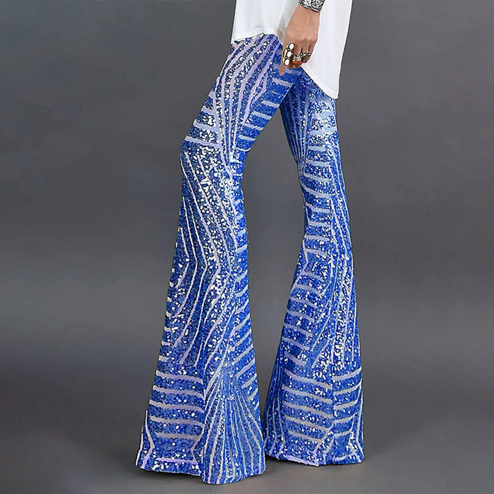 Pantaloni Glitterati Donna Elegante con Paillettes Zampa Elasticizzati Completo Larghi Casual Pantaloncini Scintillii Pantalone A Vita Alta Curvy Culotte