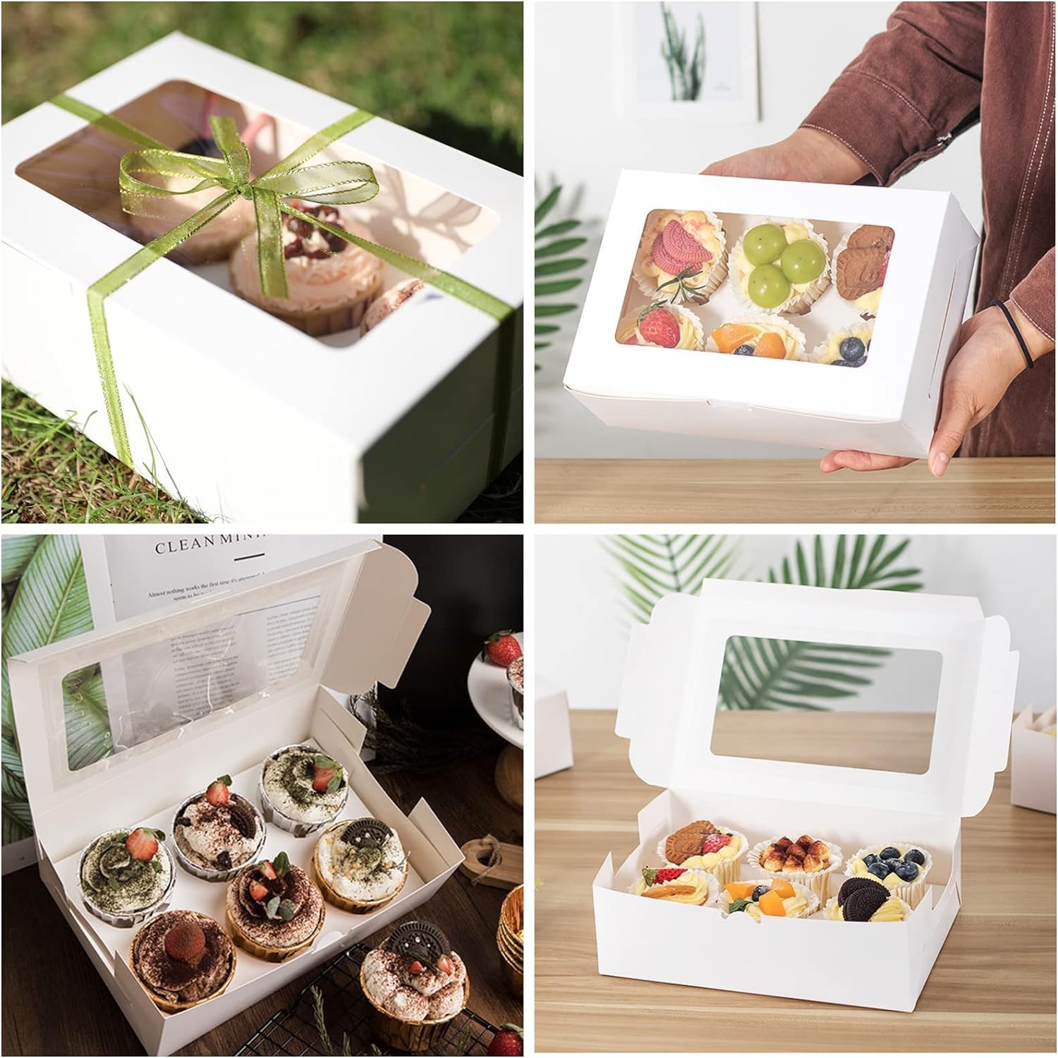 RHBLME Cupcake-Boxen, 6 Stück, mit transparentem Fenster, 23,6 x 15,7 x 7,4 cm, halbes Dutzend Cupcake-Boxen, Einweg, Lebensmittelqualität, Cupcake-Behälter für Cupcakes, Muffins, Kekse, Gebäck, Weiß,