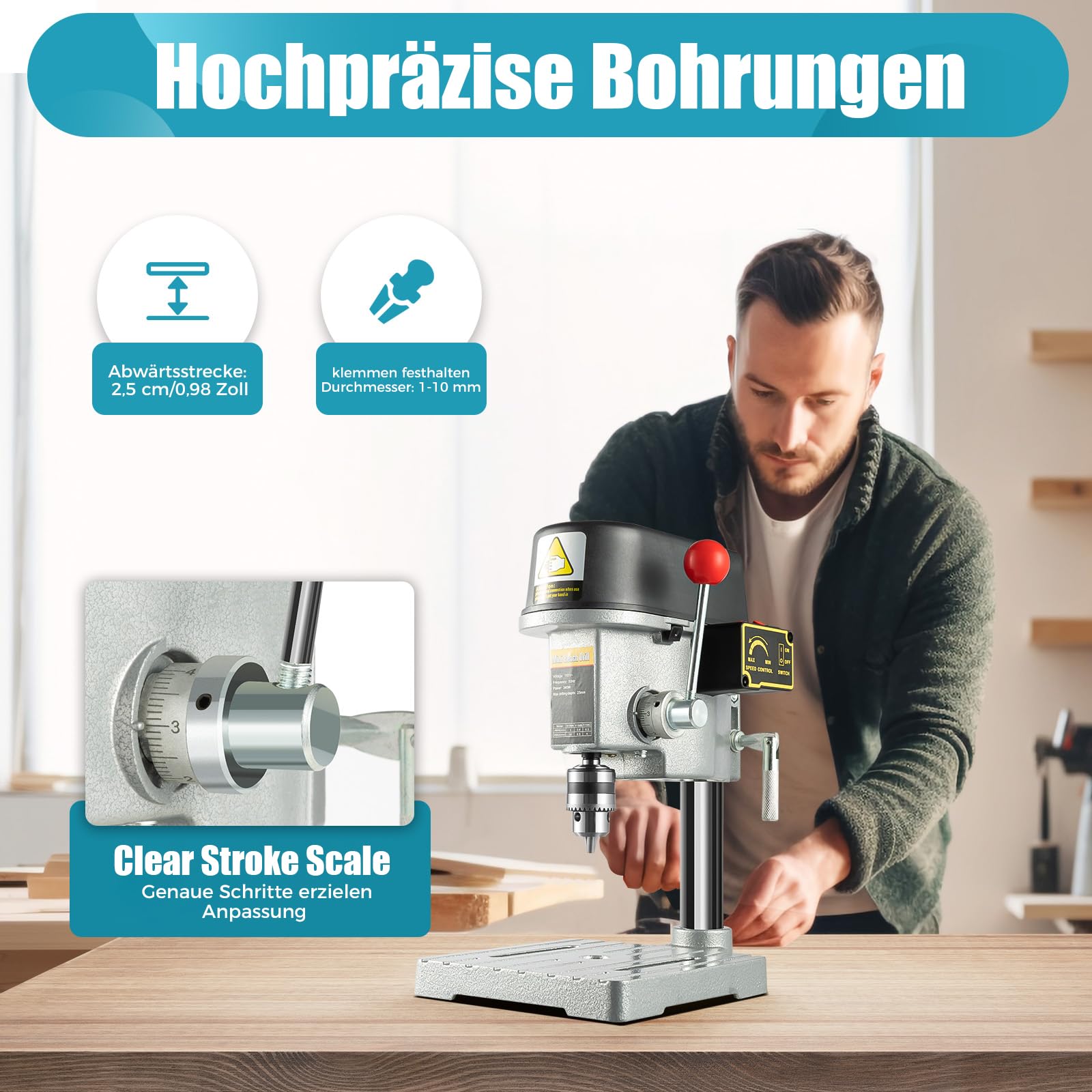Tischbohrmaschine 340W, Standbohrmaschine, 3-Gang Geschwindigkeit (0-16000 U/min), Präzisionsbohrmaschine mit Gusseisenbasis für Holz, Kunststoff, Aluminium, DIY & Möbelmontage