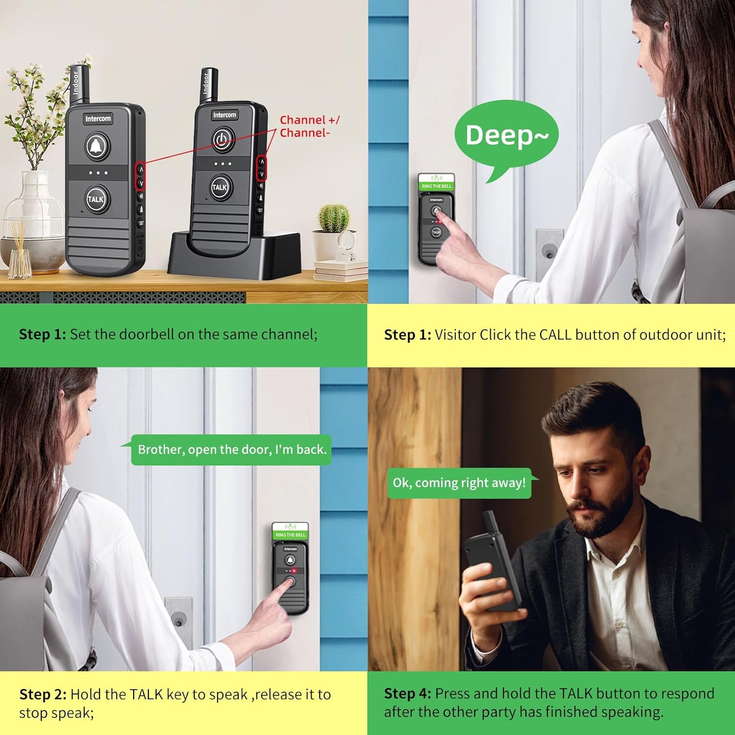 Timbre inalámbrico, intercomunicadores inalámbricos para el hogar, 1,493.5 m de largo alcance, sistema de intercomunicación inalámbrico con batería recargable, 3 niveles de volumen, 20 tonos