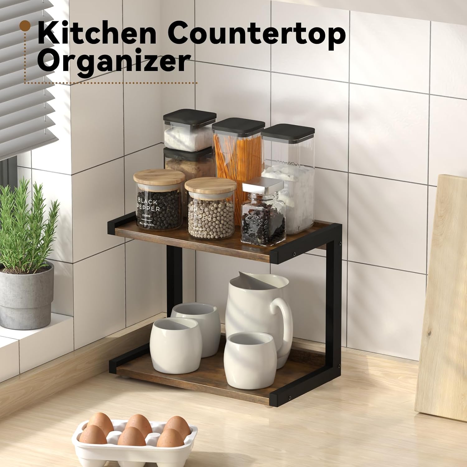 MARTY 2 Tier 12.6"x7.7" Counter Shelf Organizer Kitchen Spice Rack for Countertop, Coffee Station Organizer for Mugs Cups, Wood Shelf Desk Storage Organizer for Bathroom Home Office (Rustic Brown)