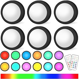 AUAUY Pack of 6 Black RGB Cabinet Lights, Under-Unit Light, Battery Operated Cabinet Lights, Dimmable, LED Night Light, Cabinet Light with Remote Control for Kitchen, Wardrobe [Energy Class E] Black 6 pieces