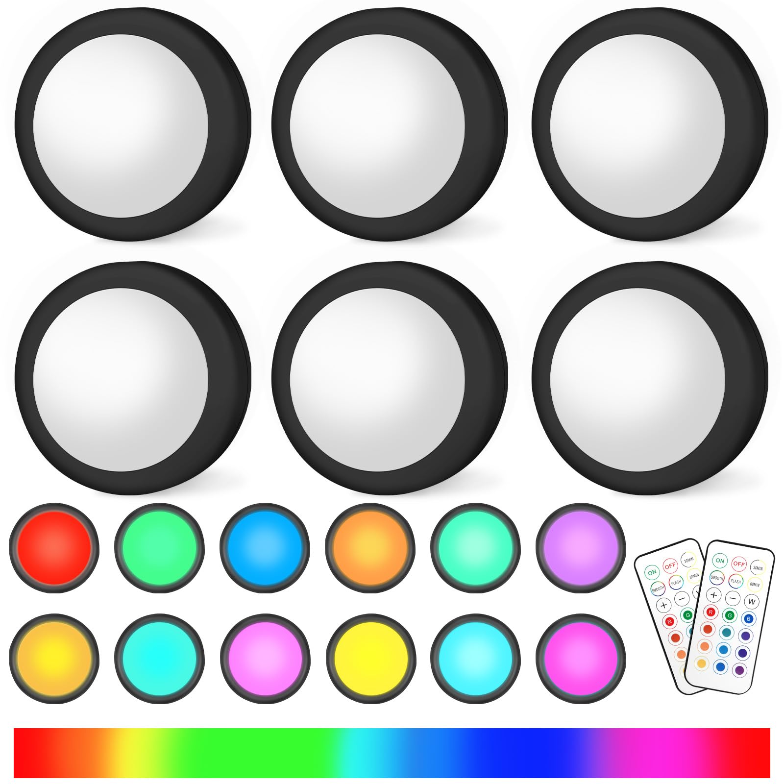 AUAUY 6 Pack Night Lights, Battery Operated LED Under Cabinet Lights, Stick on Wardrobe Counter RGB Coloured Puck with Remote Control, Brightness Adjustable Wireless Timer[Energy Class E]