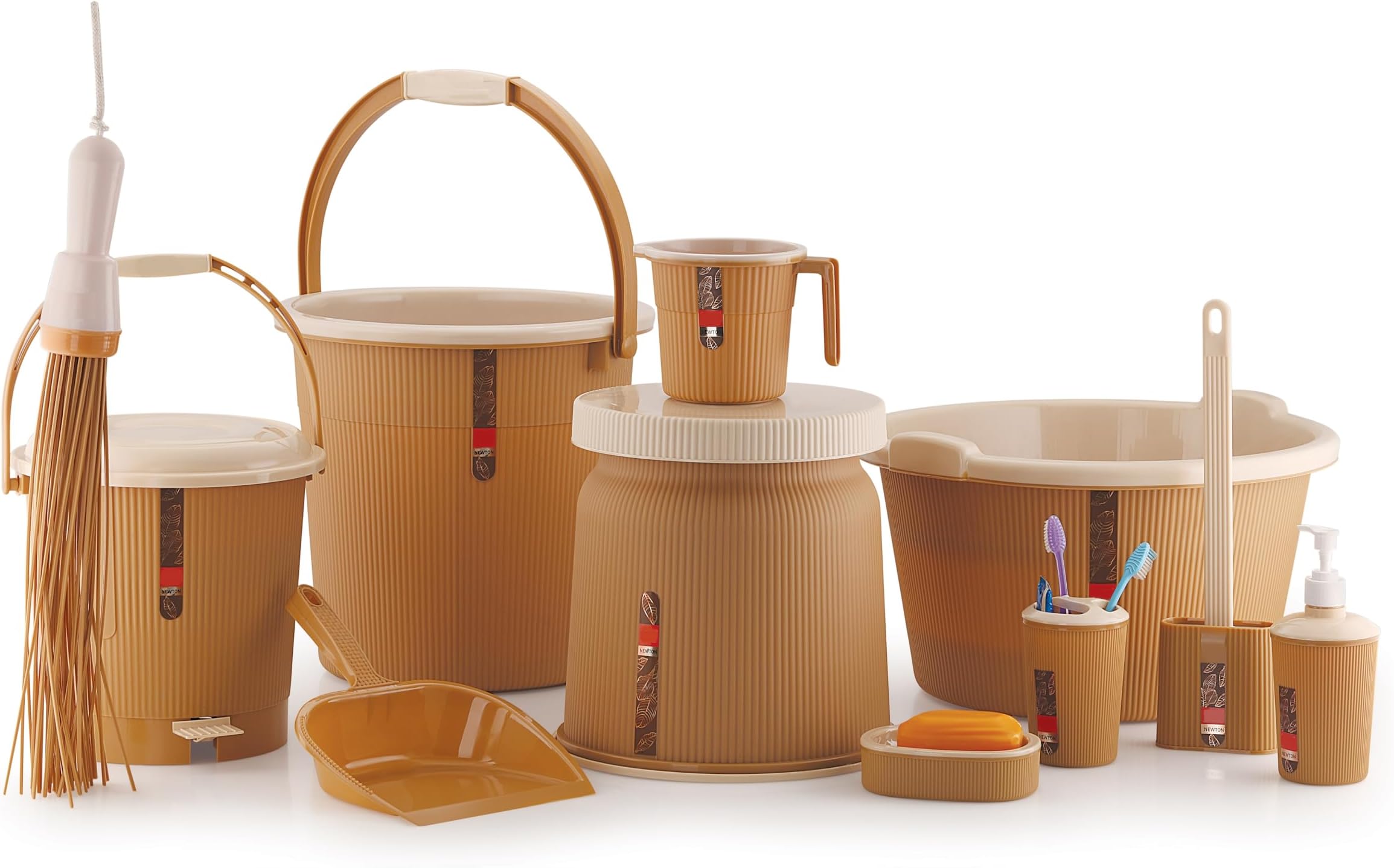 Nabhya Newton 11Piece Complete Plastic Bathroom Essential Set for Home, Kitchen & Bathroom Includes 20L Bucket, 18 L Tub, Big Stool, Dustbin, and More (Pack of 11) (Beige)