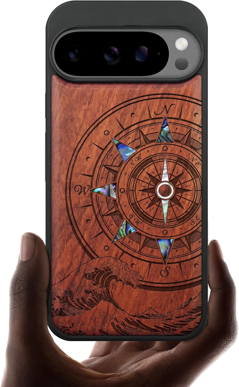 Carveit Magnetic Wooden Case for Pixel 10 / Pixel 10 Pro Case, Wood Artisan Engraved & Handmade Shell Inlaid, Compatible with MagSafe Wireless Chargers, Wave Compass - Rosy