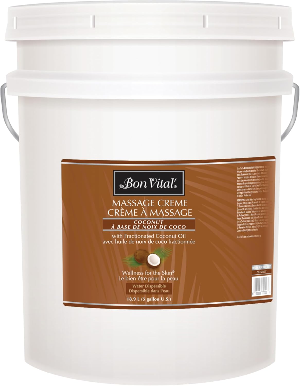 Bon Vital' Coconut Massage Creme Made with 100% Pure Fractionated Coconut Oil, Massage Cream & Moisturizer to Repair Dry Skin, No Greasy Feel, Anti-Aging Cream for Professional Massage, 5 Gallon Pail