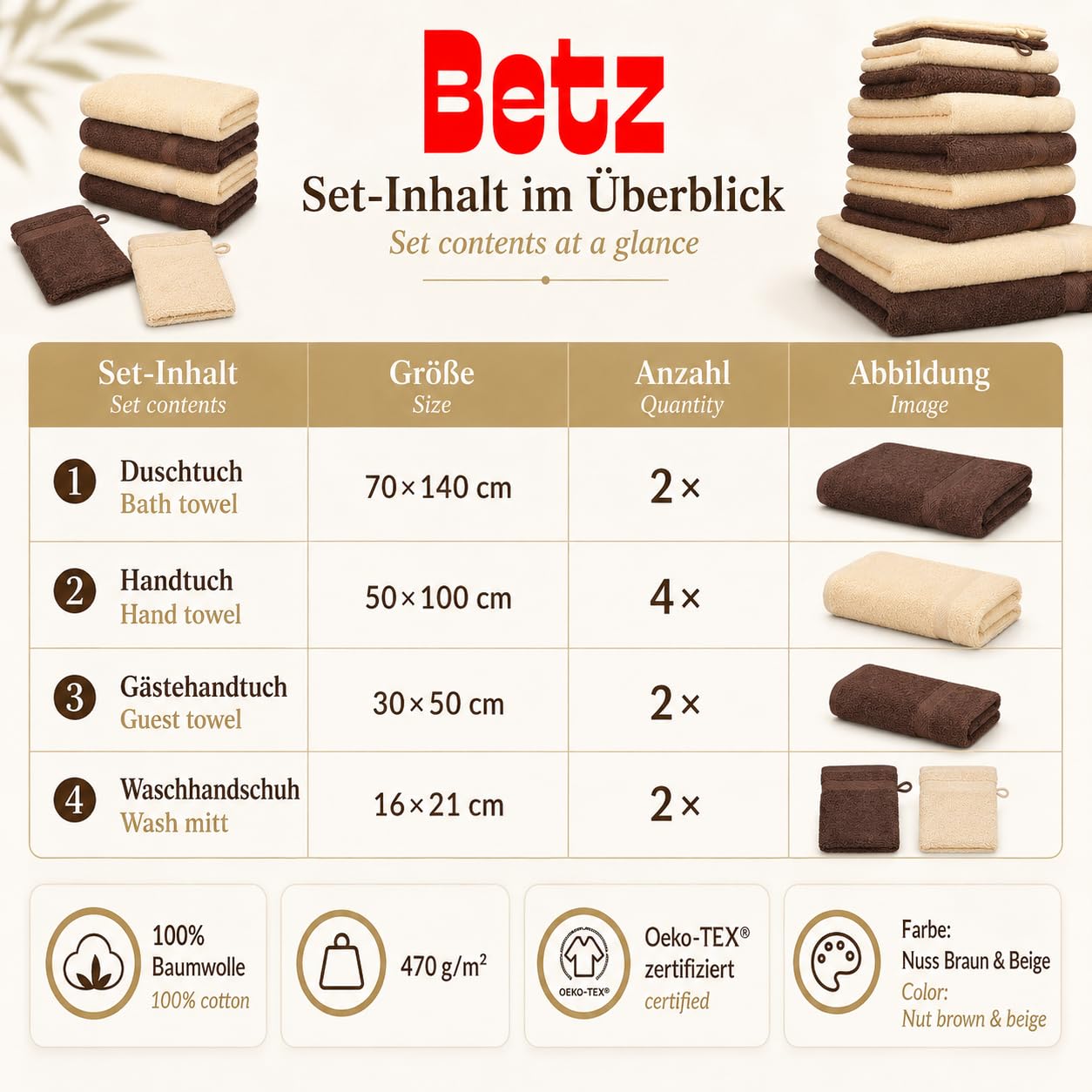 Betz Set di 10 asciugamani Premium 2 asciugamani da doccia 4 asciugamani 2 asciugamani per ospiti 2 guanti da bagno 100% cotone colore beige e marrone noce