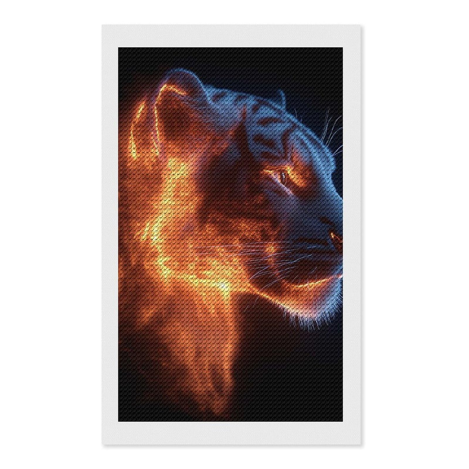 Junmoney Fiery Tiger Portrait on Black Background DIY Diamond Art Canvas Kit 12"x20", Winter Craft, Mindful Craft Project, Aesthetic Room Decor, Decor Project