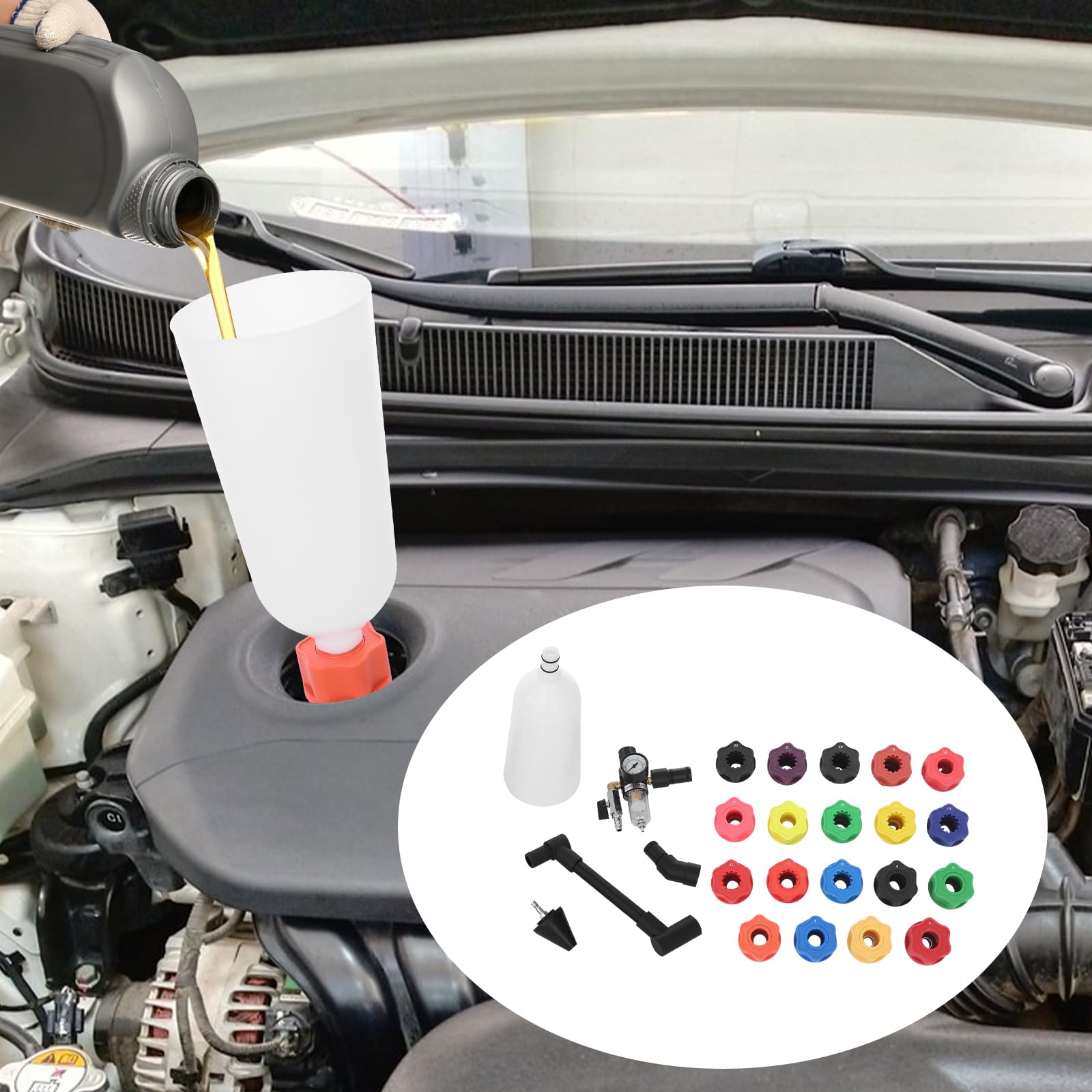 Juego de 24 piezas de llenado de aceite para motor con embudo de 2 L y juego de embudo de aceite universal, herramienta profesional para cambio de aceite de coche limpio, apto para coches, camiones y