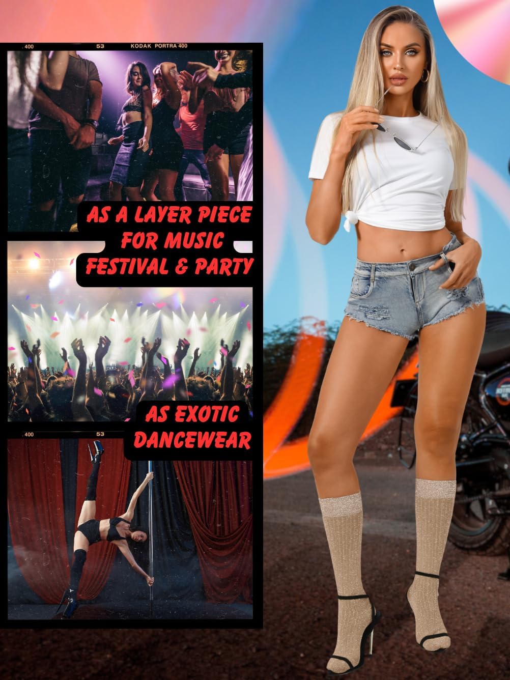 Glitter Socks,Striped Knee High Sock For Women,Shimmer Festival Musical New Years Eve Outfit - Image 7