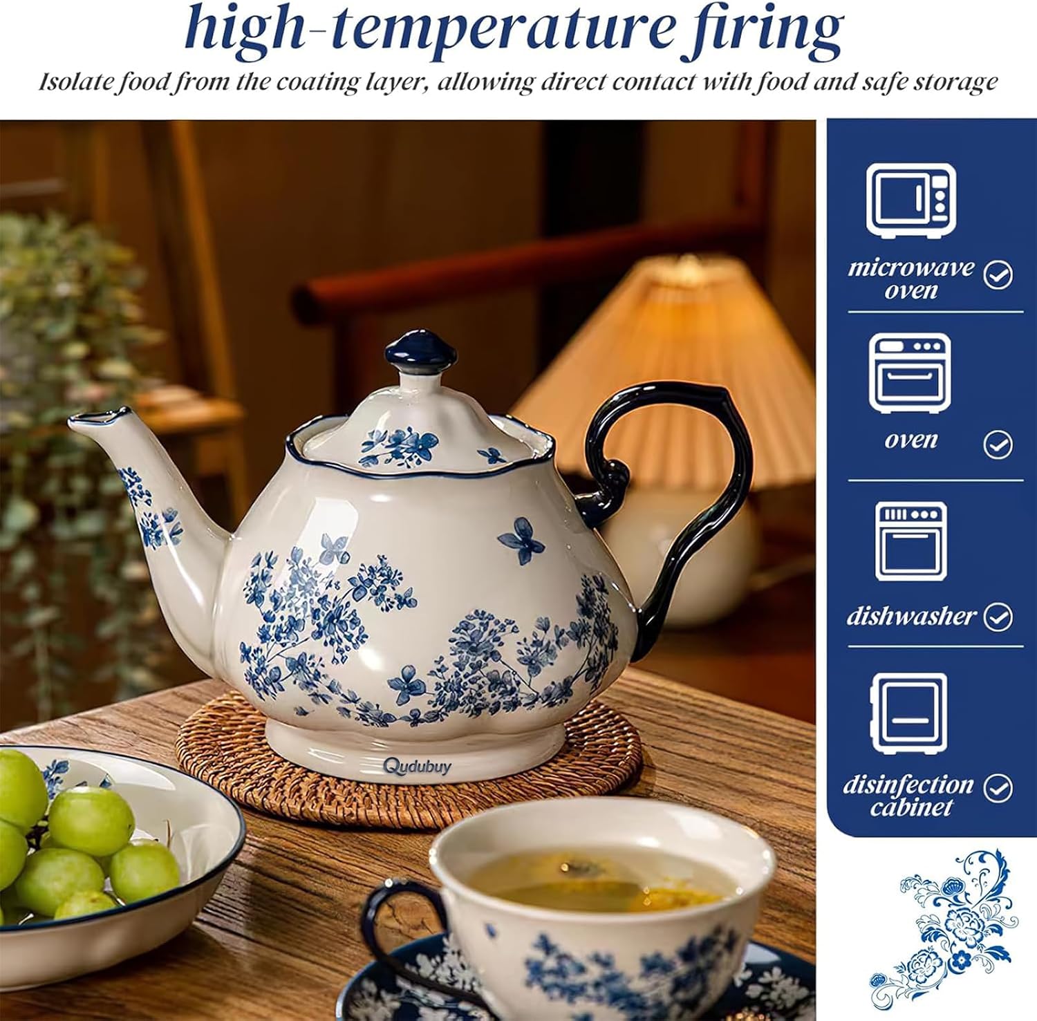 45oz Porcelain Teapot, Blue Floral Ceramic Tea Pot for Loose Tea, Large Decorative Teapot for Afternoon Tea, Tea Party, Family Gathering & Gift‑giving