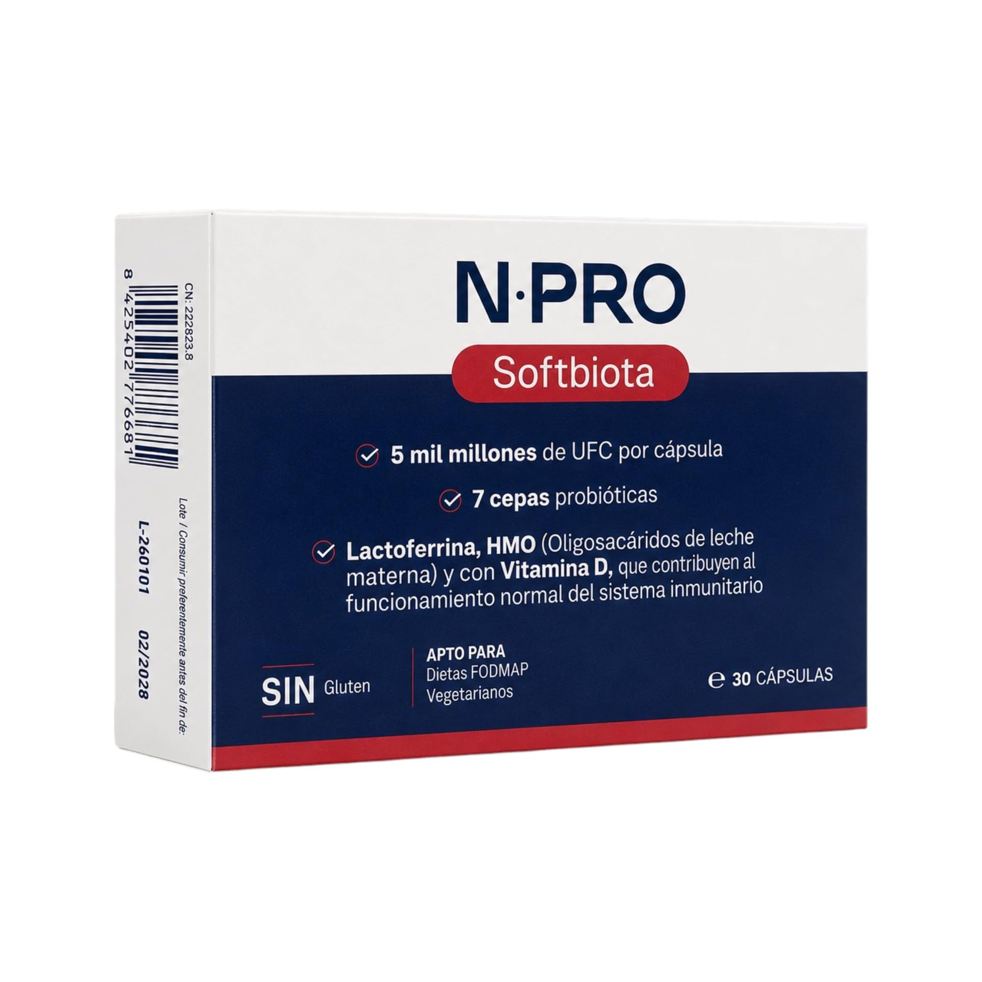NPro SALUD INTESTINAL Softbiota 30 Cápsulas Probiótico de Baja Carga | 7 Cepas Probióticas 3.000 Millones UFC, HMO, Lactoferrina, Vitamina D3, Apoyo Suave para Máxima Tolerancia