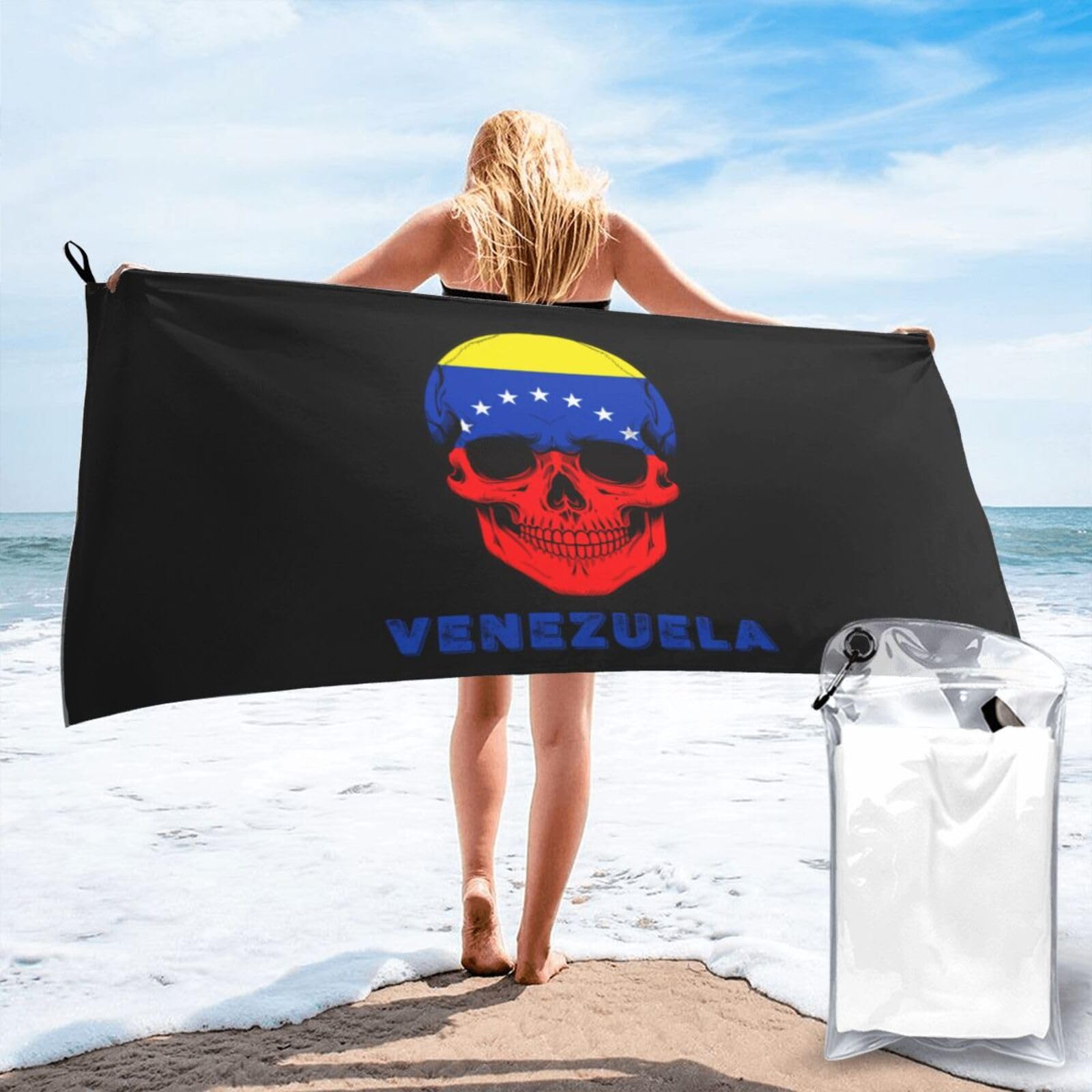 HACXZ Skull Venezuela Flag Lightweight Absorbent Beach Towel Microfiber Beach Towel 31.5"X63"