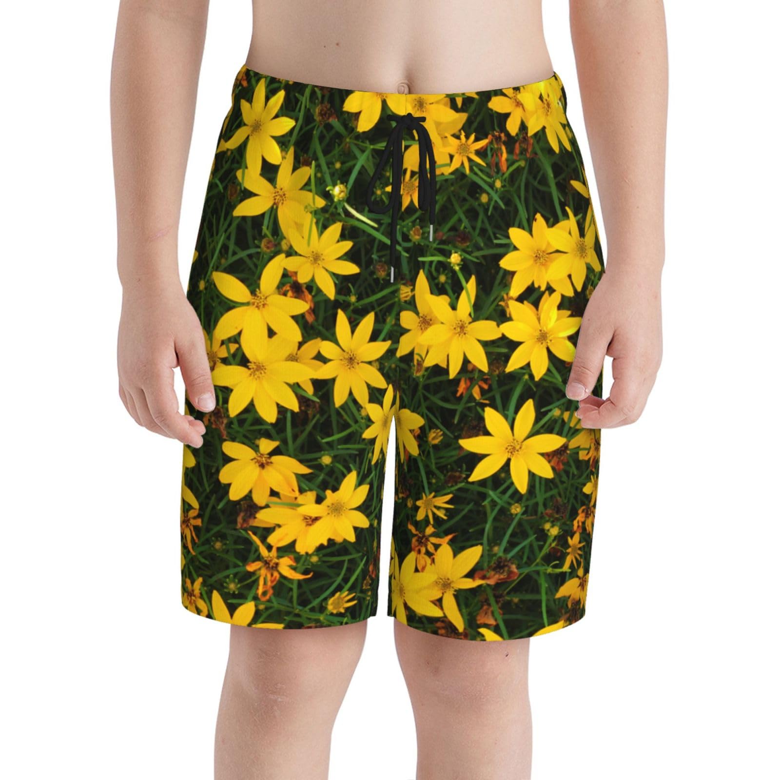 Thread Leaf Coreopsis Flowers Teen Boys Swim Trunks Quick Dry Beach Boardshorts for Stylish Swimwear