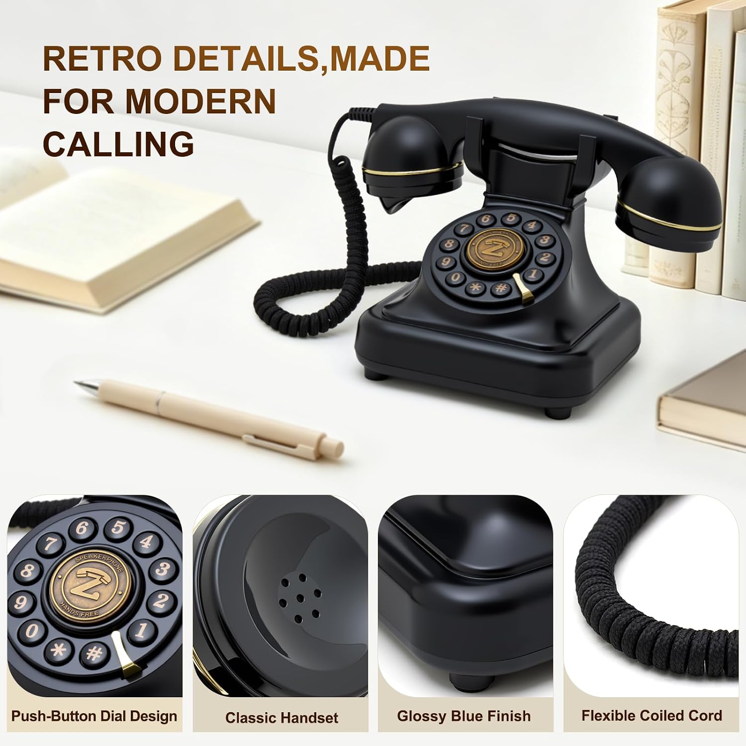 Bluetooth Retro Phone, Vintage Phone Bluetooth with Speakerphone, Black image 3