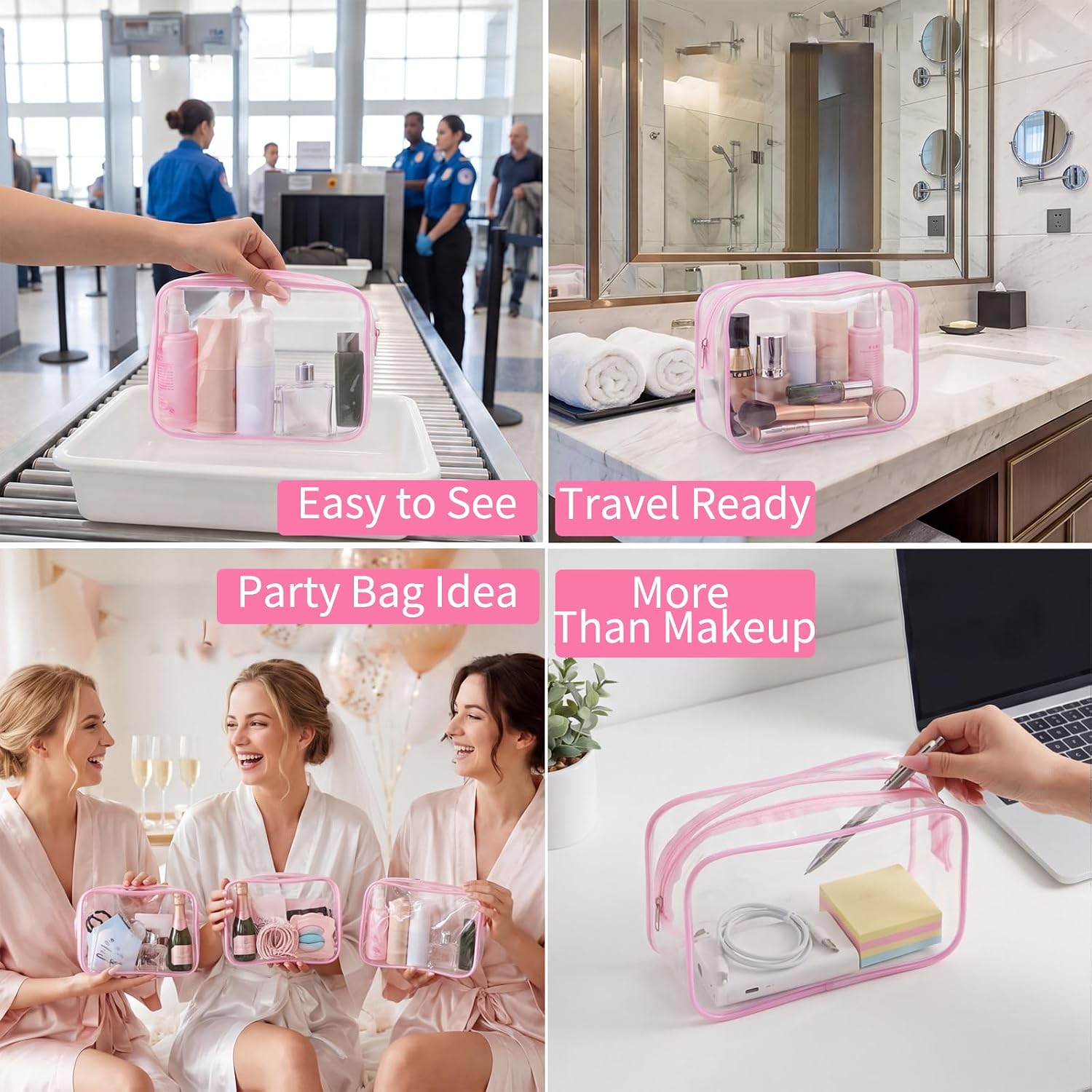 BESARME 12 Pcs Pink Clear Makeup Bags Bulk with Zipper, Clear PVC Travel Toiletry Bag Waterproof Cosmetic Bag for Women Party Favors Bachelorette Gifts for Bridesmaids