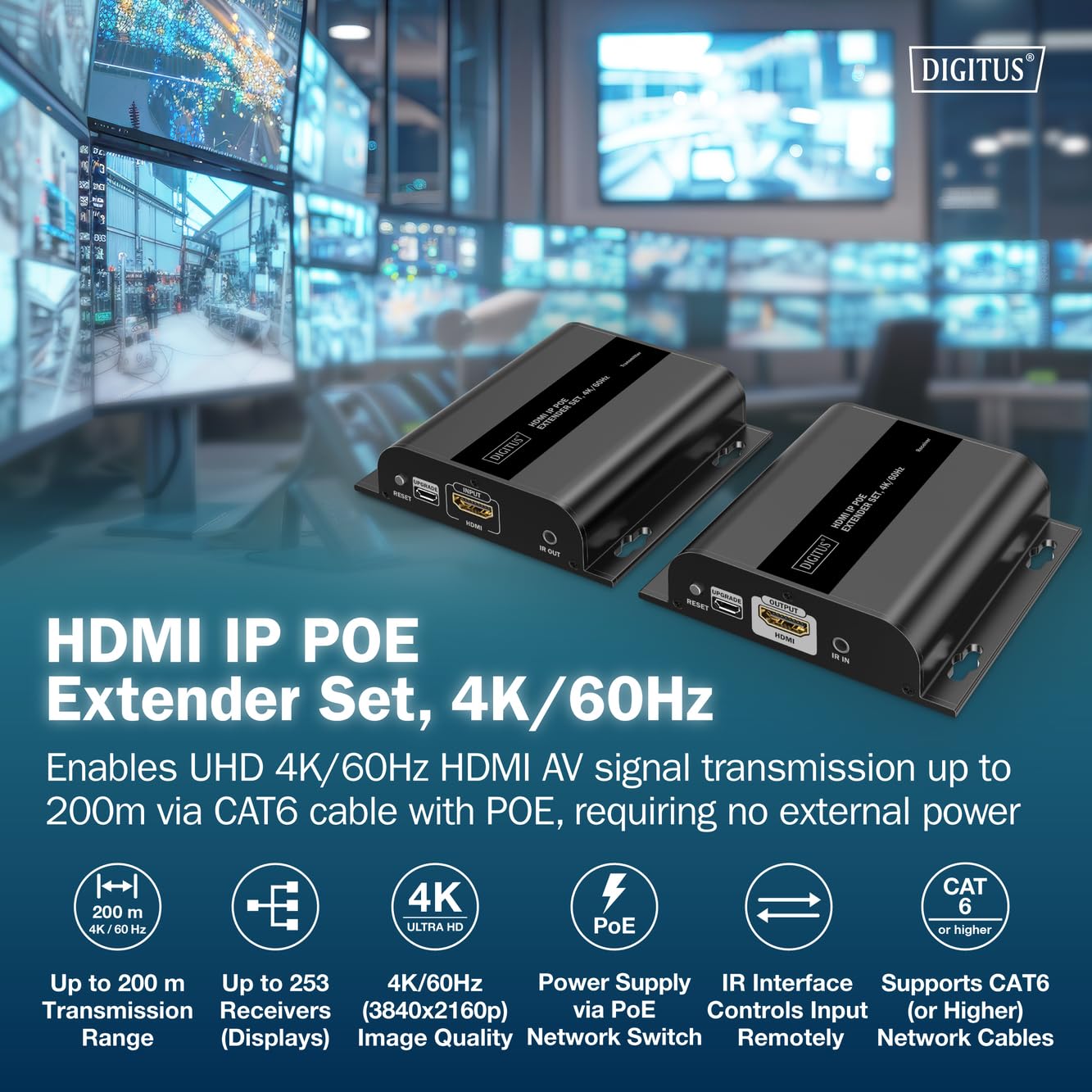 DIGITUS Set estensore HDMI IP PoE – UHD 4k 60Hz – HDMI 2.0 – portata fino a 200 m – trasmettitore e ricevitore – fino a 253 ricevitori – CAT 6 – nero