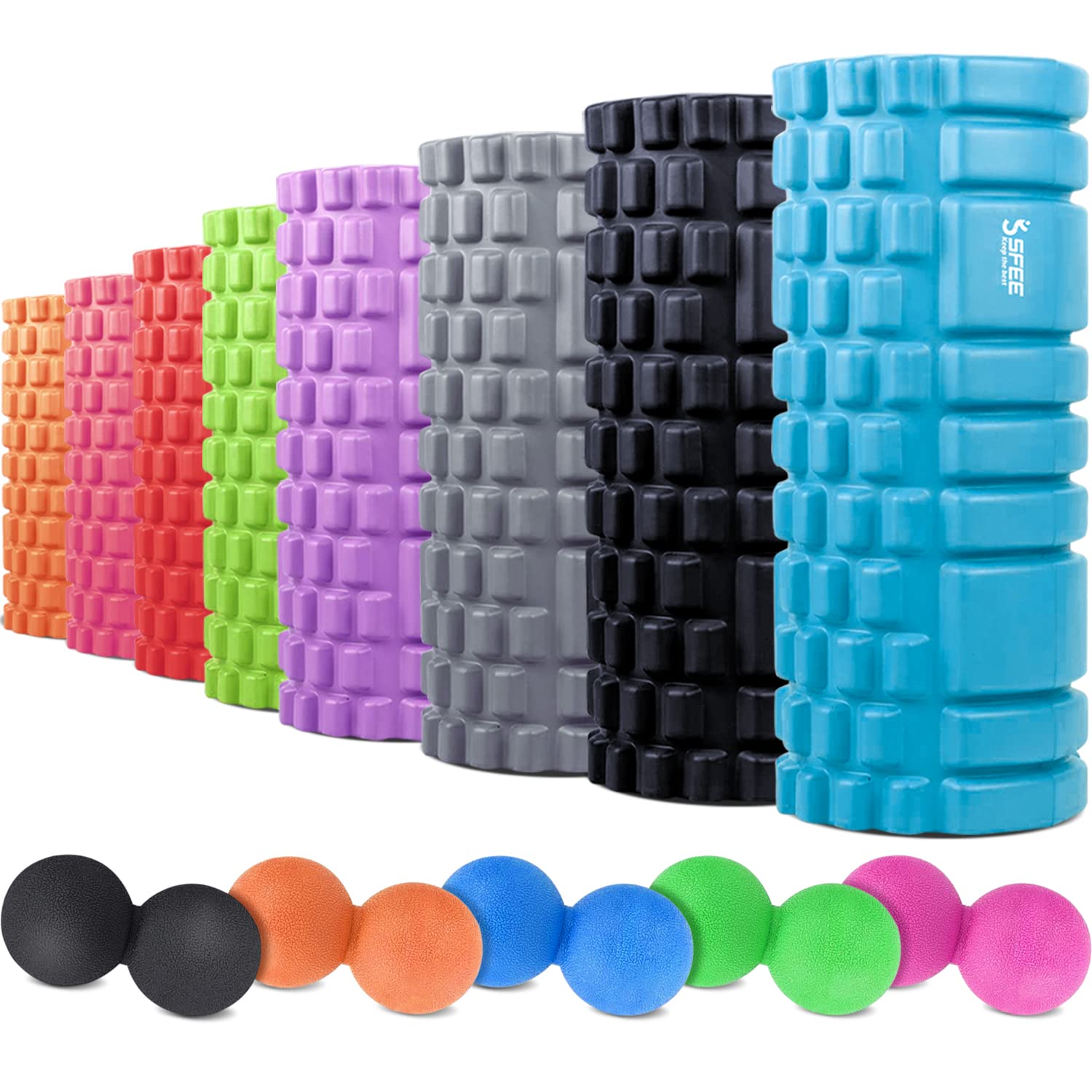 Sfee Foam Roller with Massage Ball, 13"x5.5" EVA Back Roller High Density Physical Therapy, Myofascial Release, Deep Tissue Trigger Muscles Roller Set for Pain Relief, Exercise, Yoga Pilates+Carry Bag… - 13" x 5.5" Aqua blue