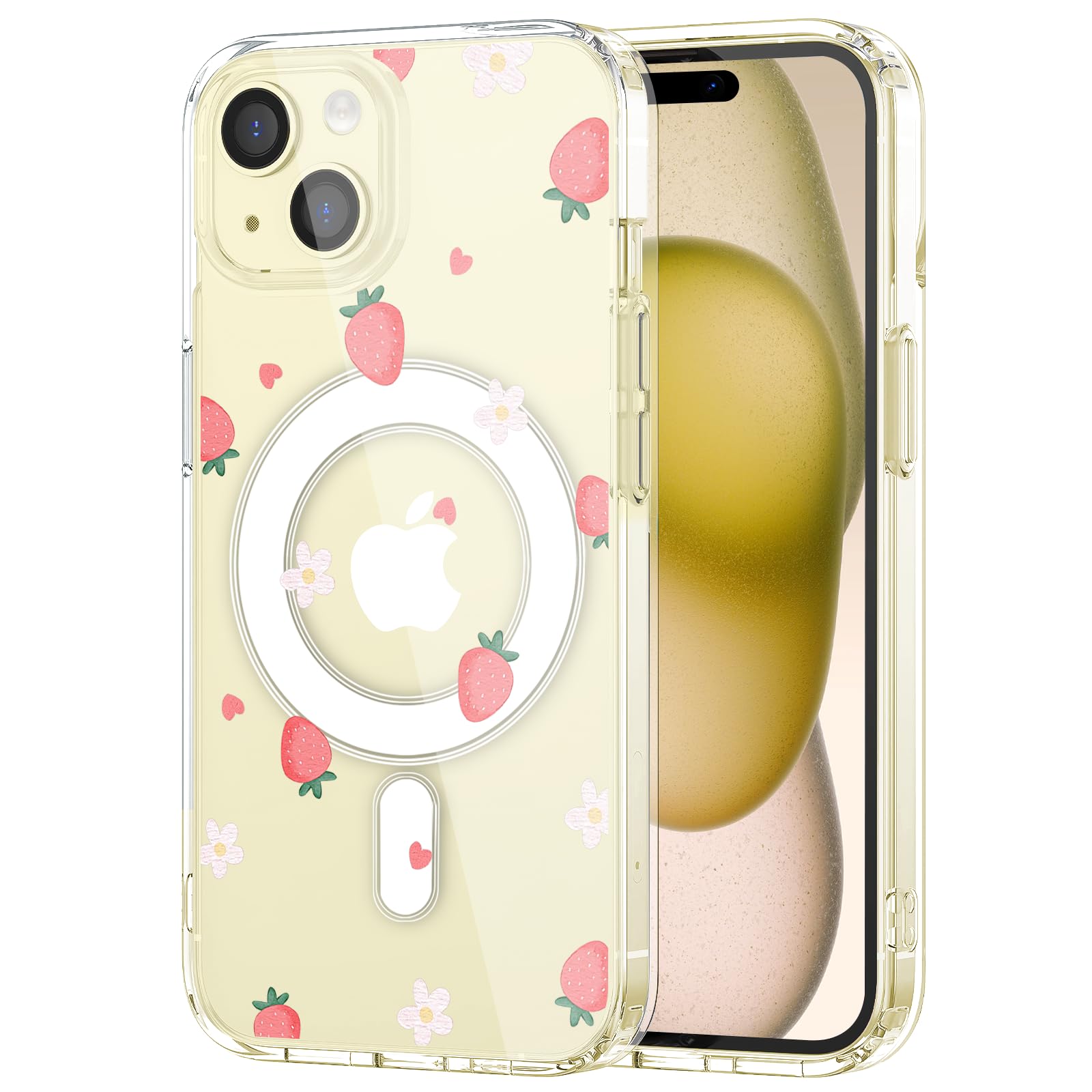 MAYCARI Cute Strawberry Transparent Magnetic Case for iPhone 14 Compatible with MagSafe Four Corners Anti-Drop Slim Transparent Funny Phone Soft TPU Hard Back Protective Case