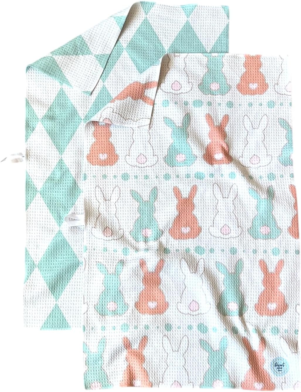 Desert Aqua || 2 Pack Double Sided || Not Your Ordinary Dish Towels || Waffle Weave Microfiber || Tea Towels || Highly Absorbent || Hanging Loop || Dish Cloths || Designer Prints || Easter Bunny