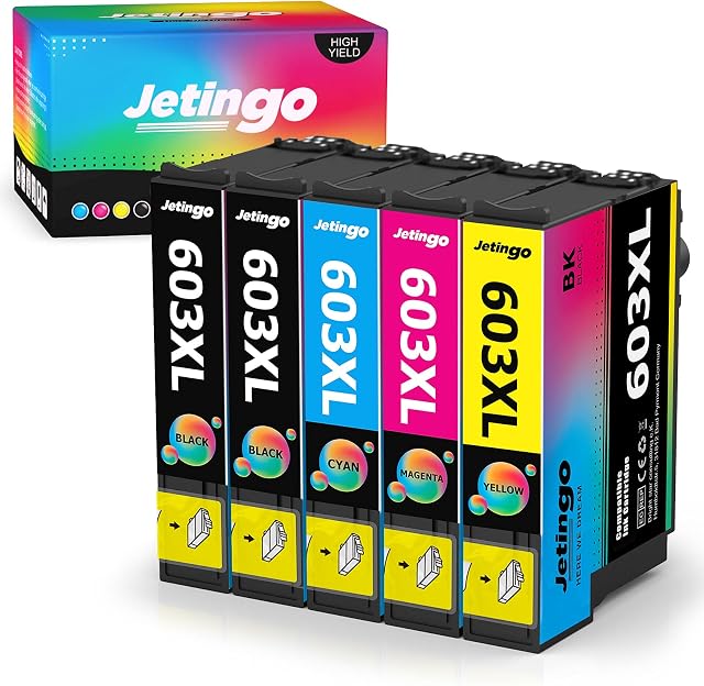 Jetingo 603XL Ink Cartridges Multipack Replacement for Epson 603 603XL Ink Cartridges for Expression Home XP-3100 XP-4100 XP-2100 XP-3105 XP-4105 Workforce WF-2830 WF-2835 WF-2850 WF-2810 (5 Pack)