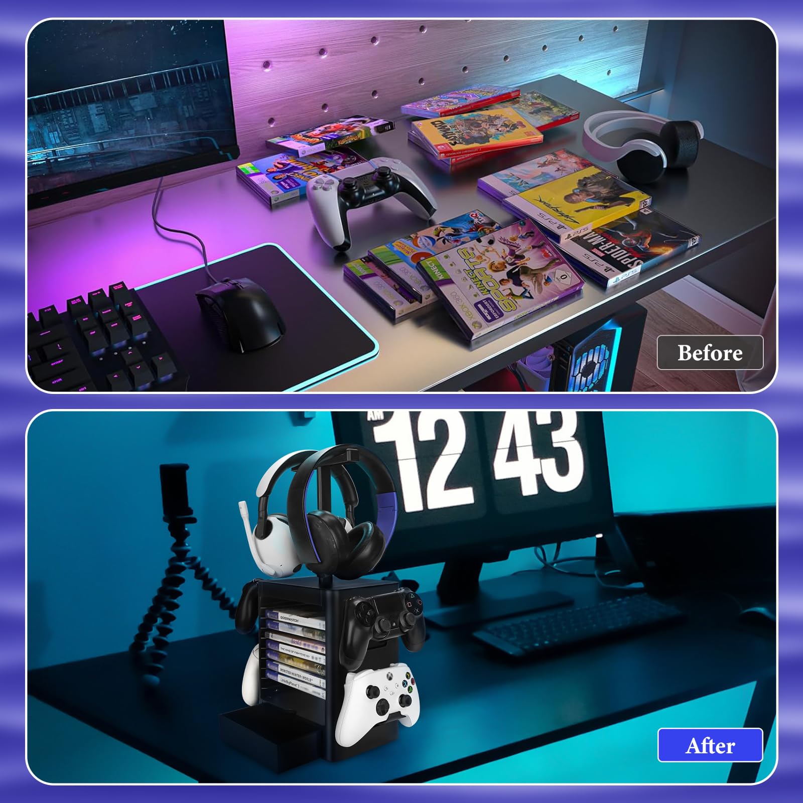 GEEKRIA Soporte de Almacenamiento multifunción para Juegos Compatible con PS5/PS4/XBOX Series X/Xbox One/Nintendo Switch, Estante para Discos de Juegos y Soporte para Controlador/Auriculares (Negro)