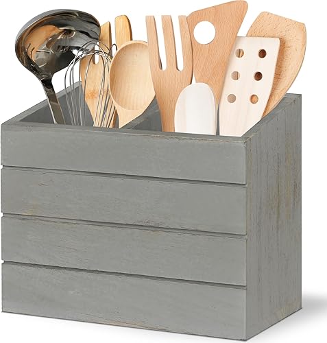 Soporte para utensilios de cocina para encimera, organizador de utensilios de madera con 2 compartimentos, organizador de utensilios de granja,