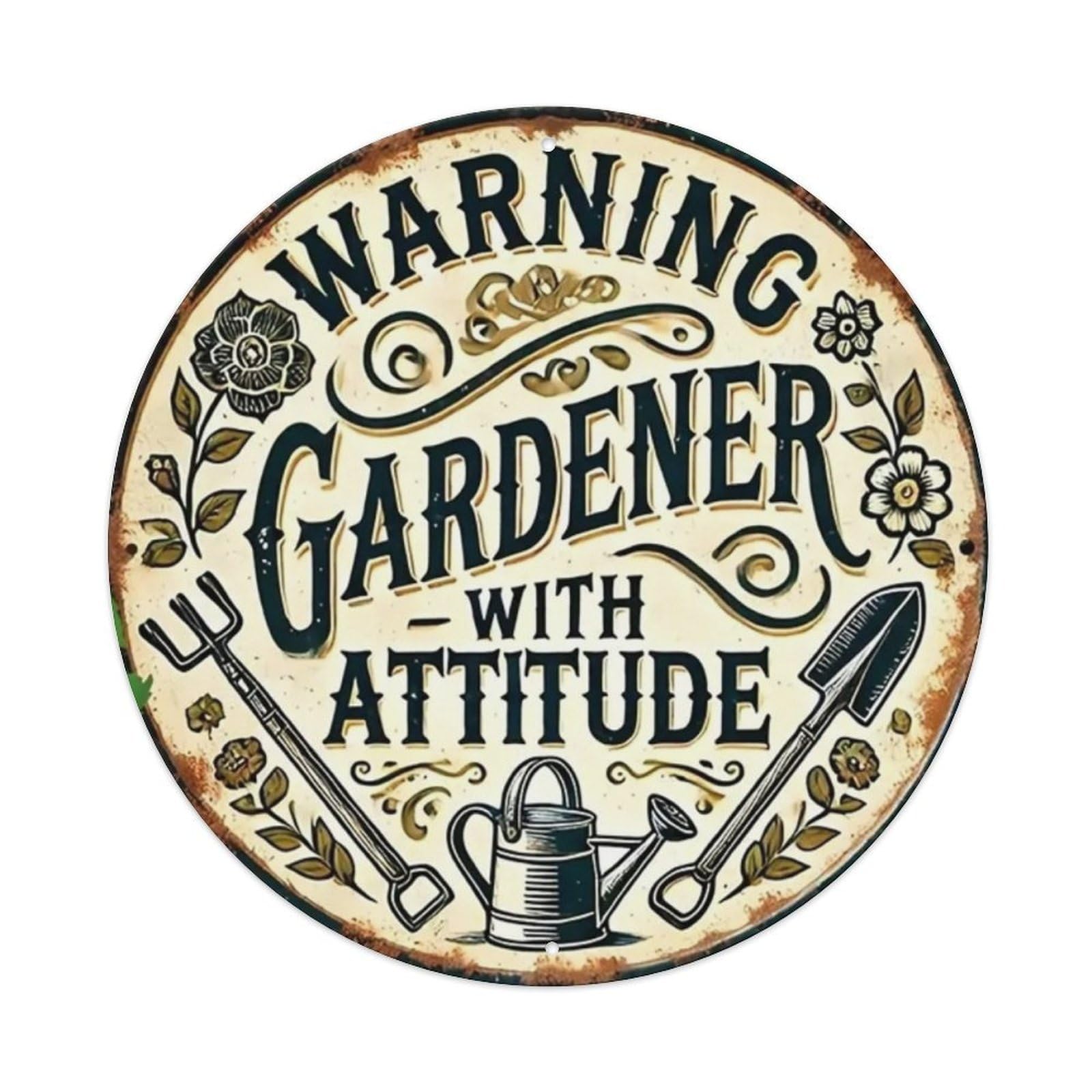 Gentinap Vintage Beware Of Attentive Gardener Round Tin Sign Metal Sign Home Bar Garden Wall Decor Metal Poster 8X8 Inch