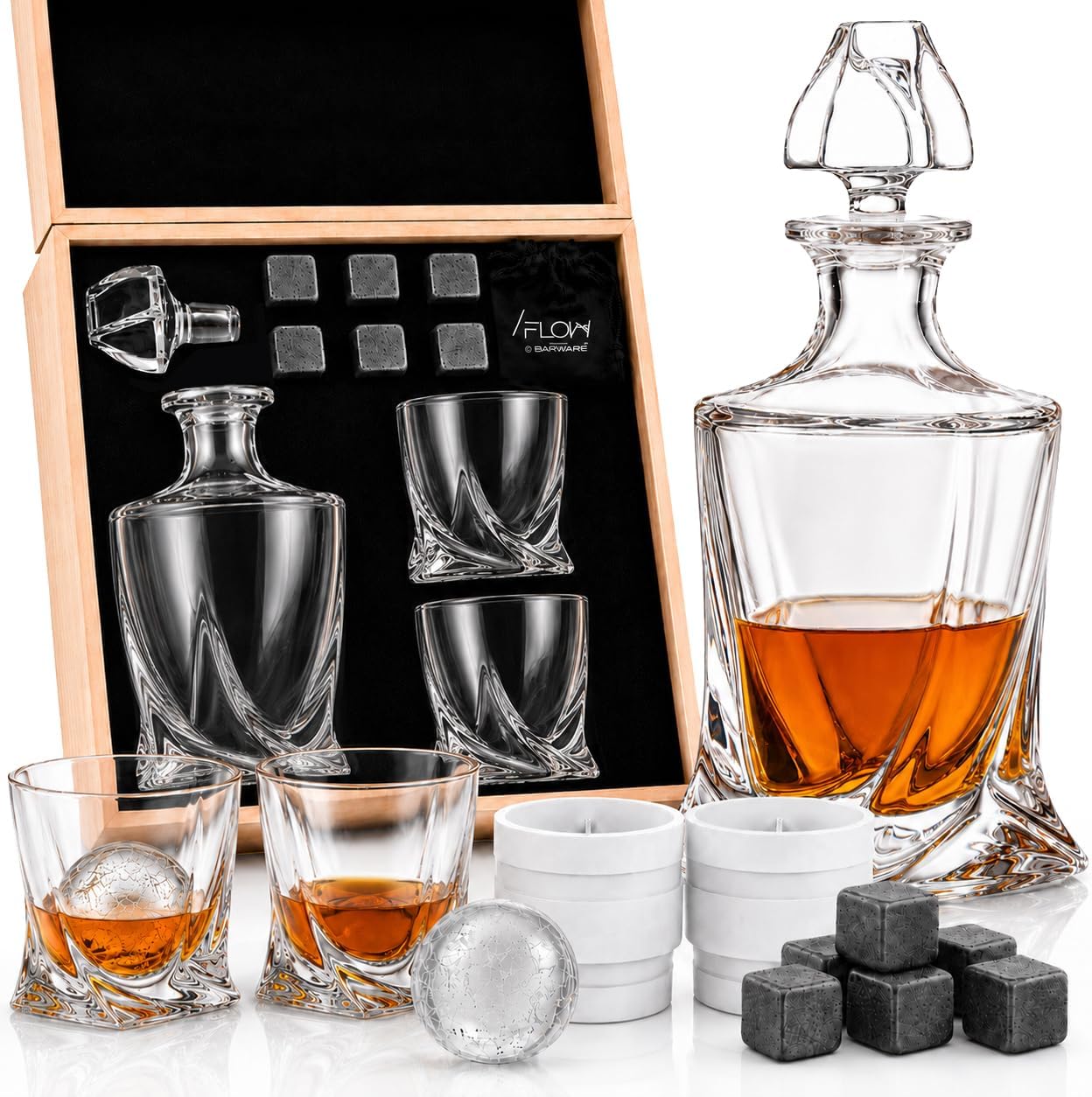 FLOW Barware Deluxe Whiskey Decanter and Glass Set | Twist Design Decanter Se...