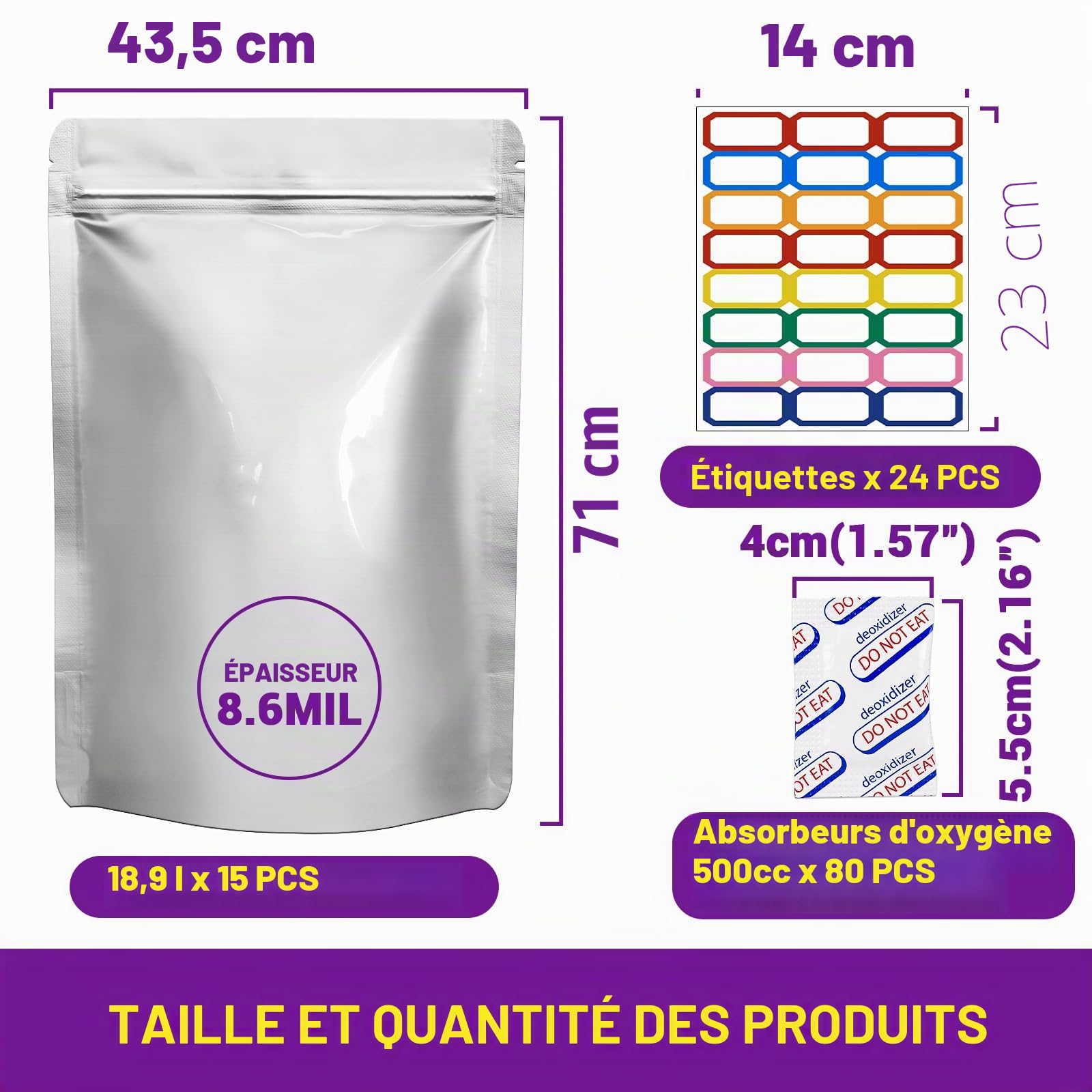Sacs Mylar Pour Le Stockage à Long Terme Conservation Des Aliments 5 Gallon, 43.5 x 71 CM, 8,6 Mil, Sacs Mylar Avec Absorbeurs d'Oxygène, 40000 CC, Thermosoudable, Fermeture Éclair, 15 Pièces