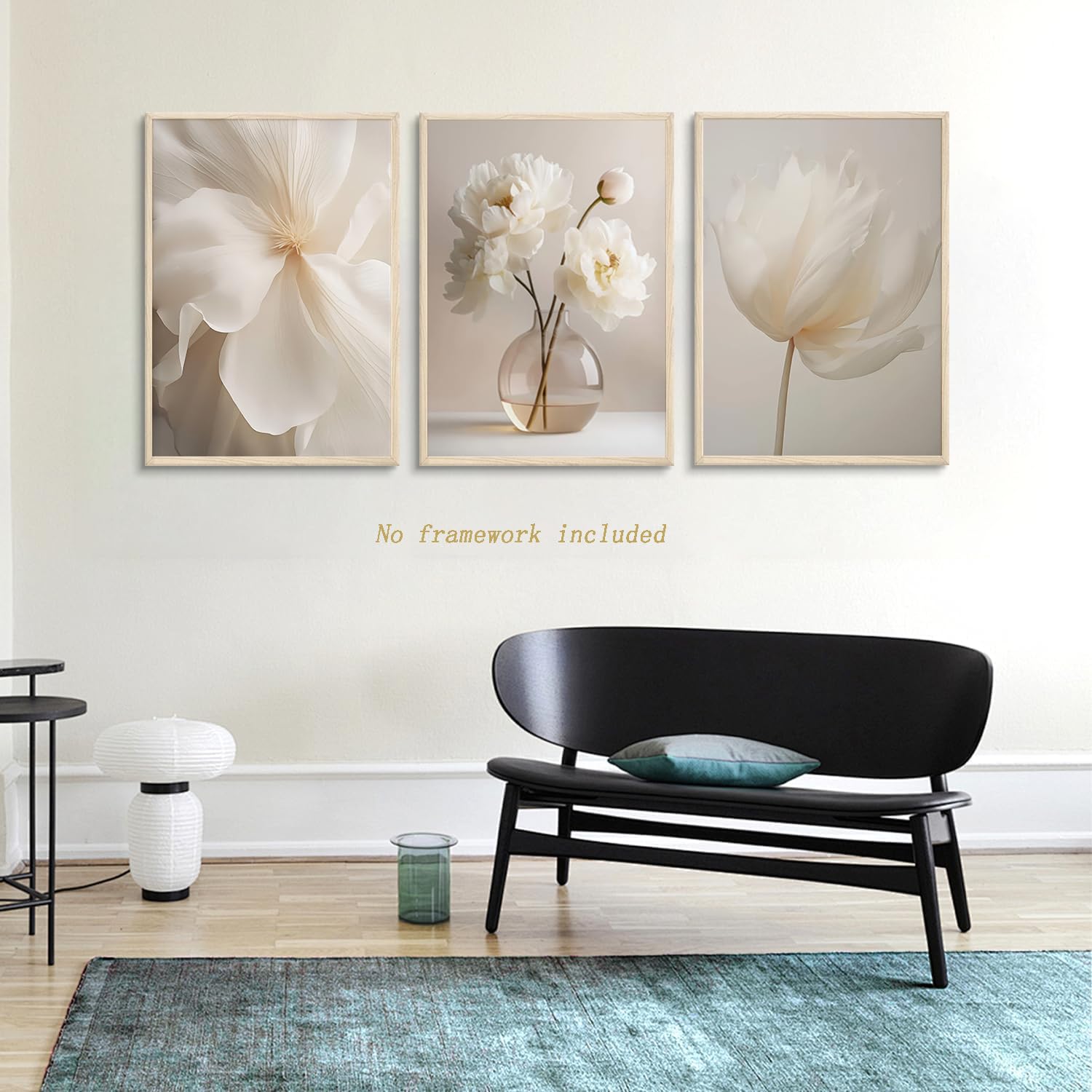 3 piezas de arte de pared de peonías blancas, decoración de pared floral beige, neutro, moderno, estético, impresiones en lienzo, perfecto para galería, dormitorio, sala de estar, decoración de pared