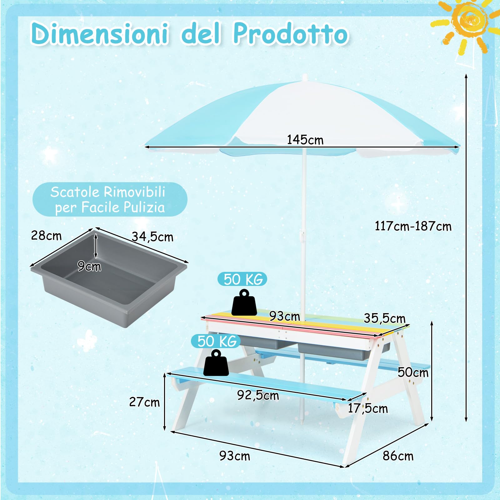 COSTWAY Set Tavolo e Sedie per Bambini da Giardino 3 in 1, con Ombrellone Rimovibile e Regolabile, Piano Rimovibile, Tavolo con Panche in Legno per Bambini da Interno Esterno (Blu e Bianco)